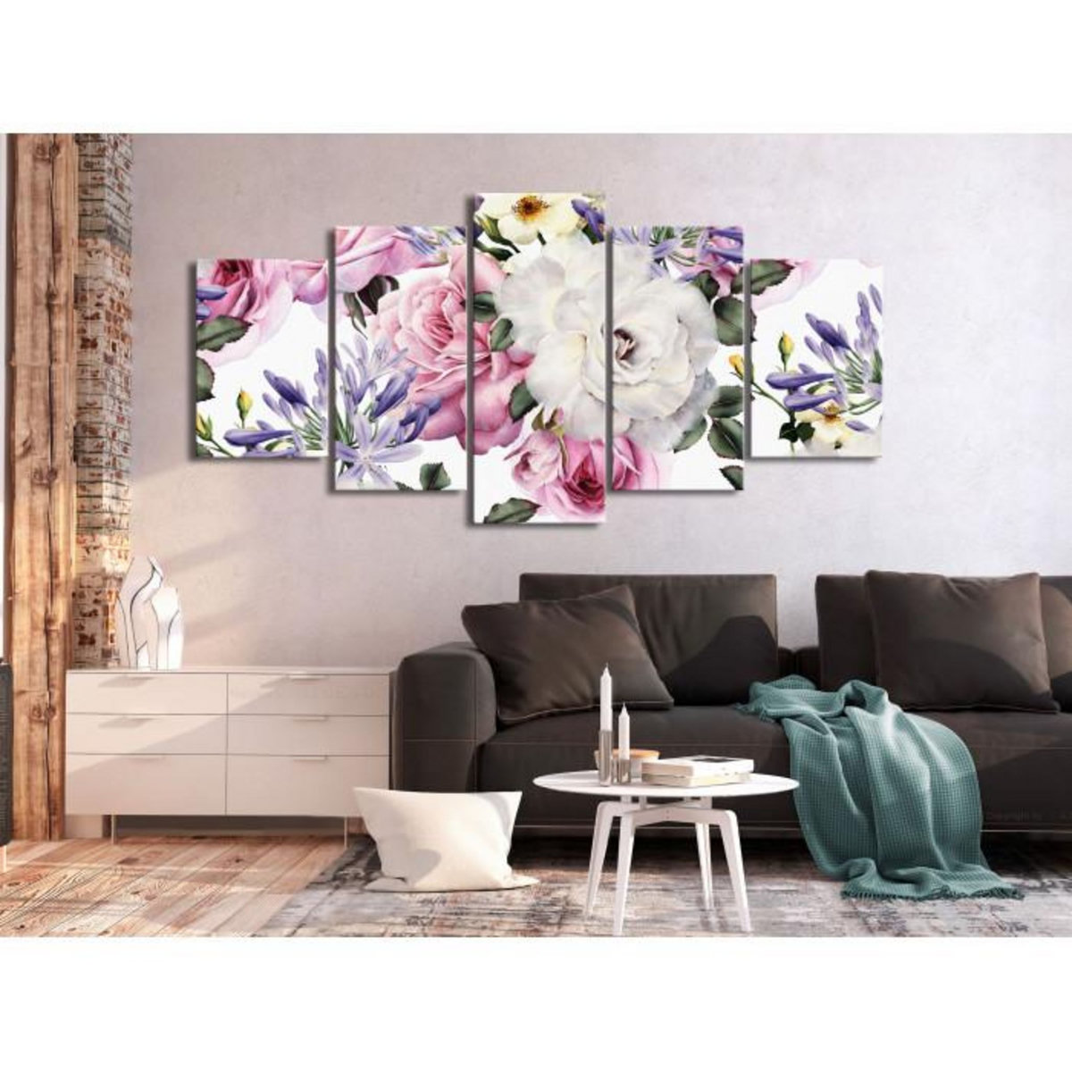 Paris Prix Tableau 5 Panneaux  Rose Composition Wide Colourful