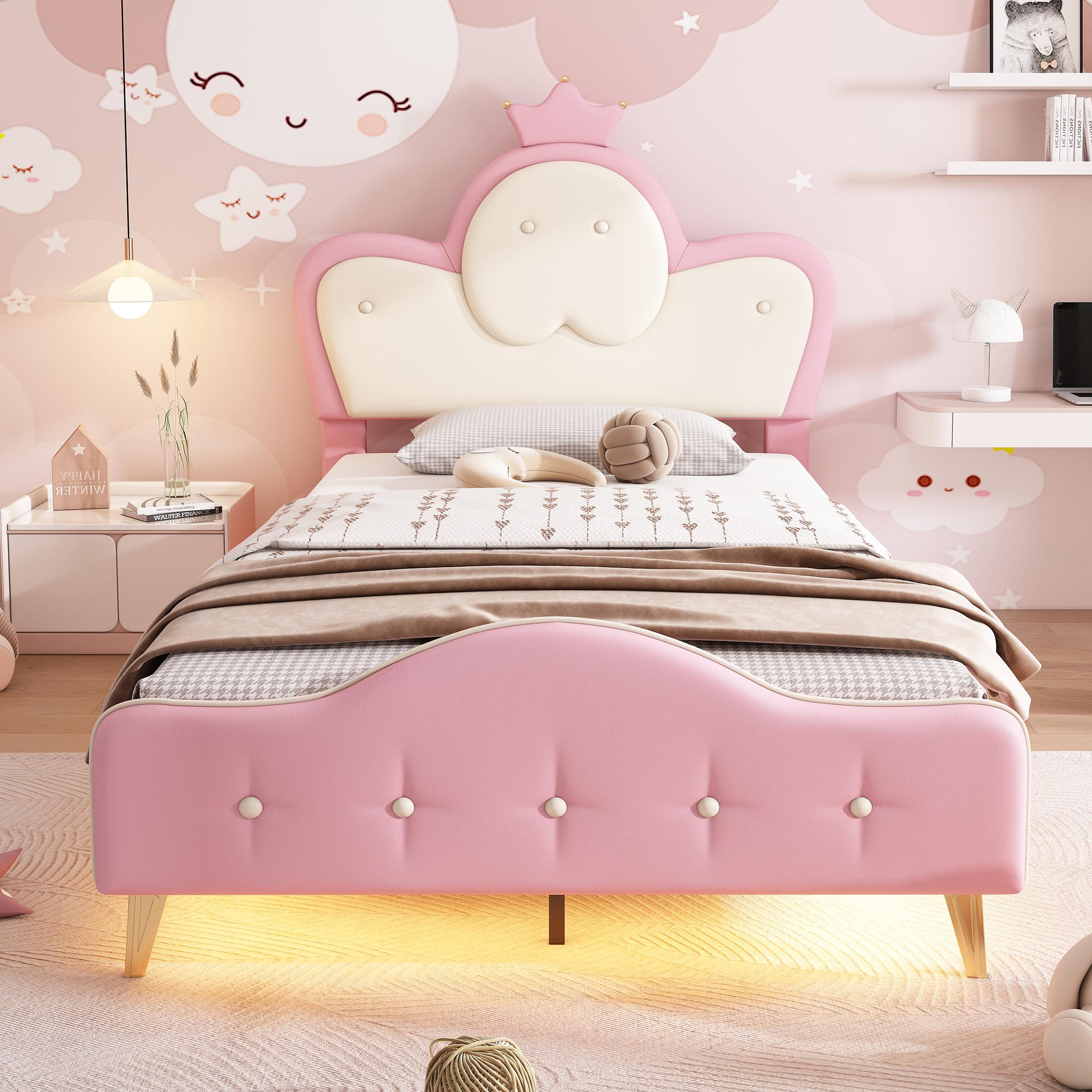 Voir la diapositive 4 : MERAX Lit simple enfant rembourré 90x200cm pu coloris rose led