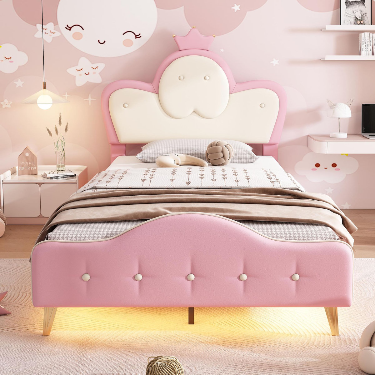 MERAX Lit simple enfant rembourré 90x200cm pu coloris rose led