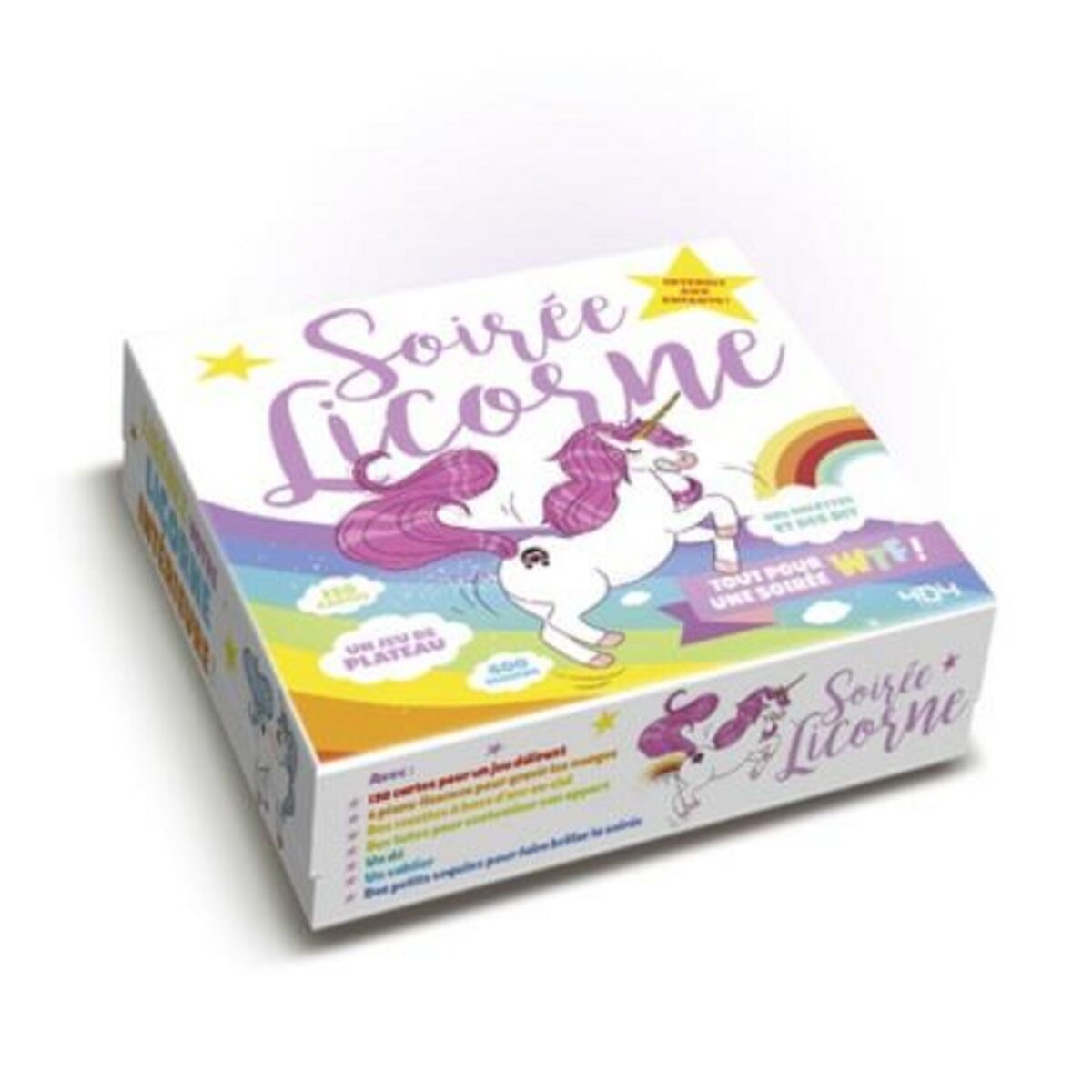 COFFRET SOIREE LICORNE. CONTIENT : 120 CARTES, 6 PIONS-LICORNES, 1 DE, 1 SABLIER, 400 SEQUINS, 1 LIVRE, Kalicky Anne