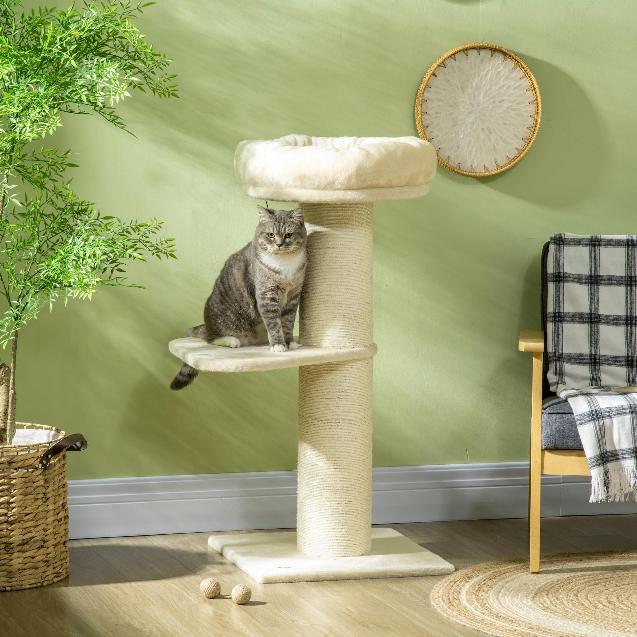 Voir la diapositive 2 : PAWHUT Arbre à chat griffoir sisal naturel 2 plateforme panier observation jeu boule suspendue peluche beige