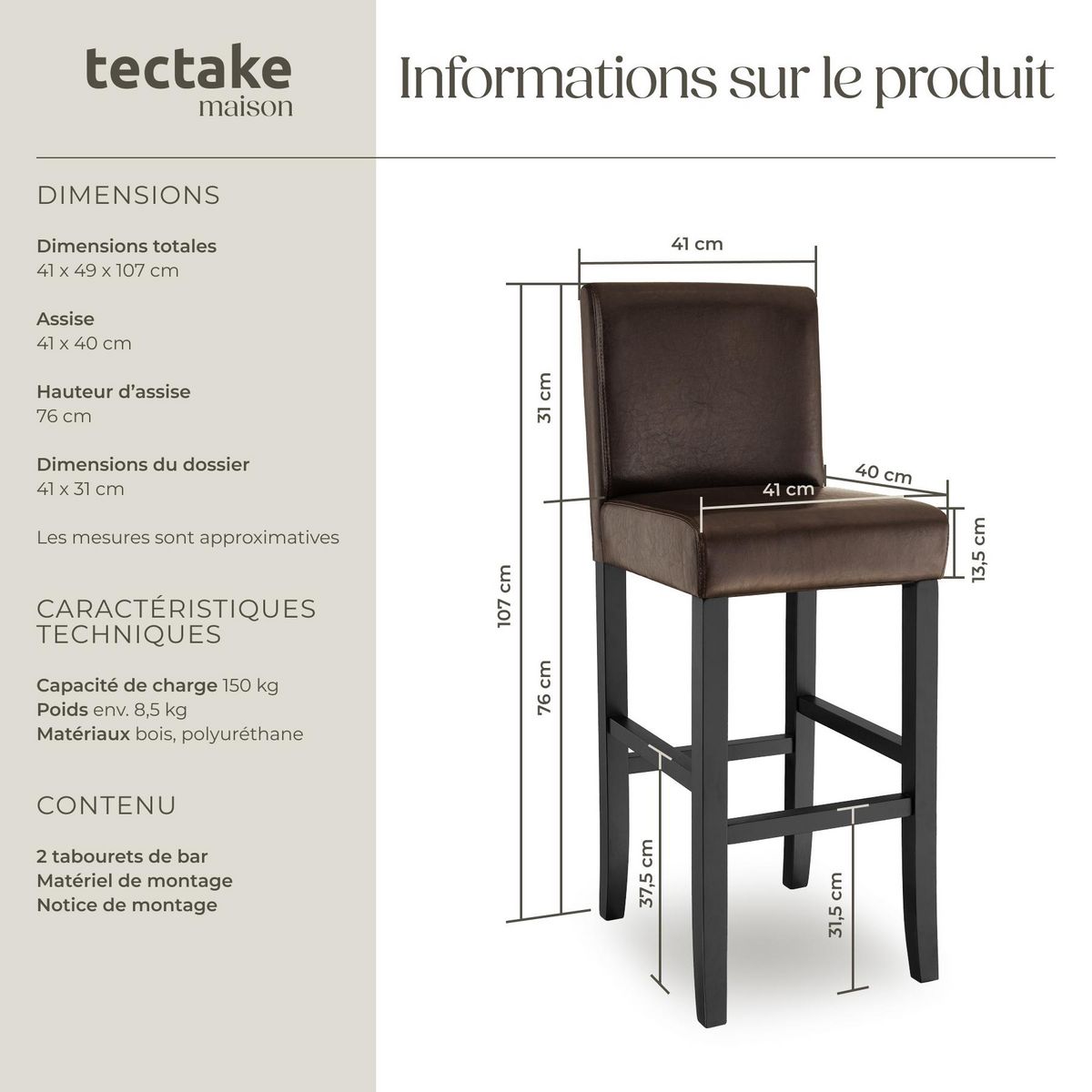 tectake Tabouret de bar rembourré avec dossier marron lot de 2