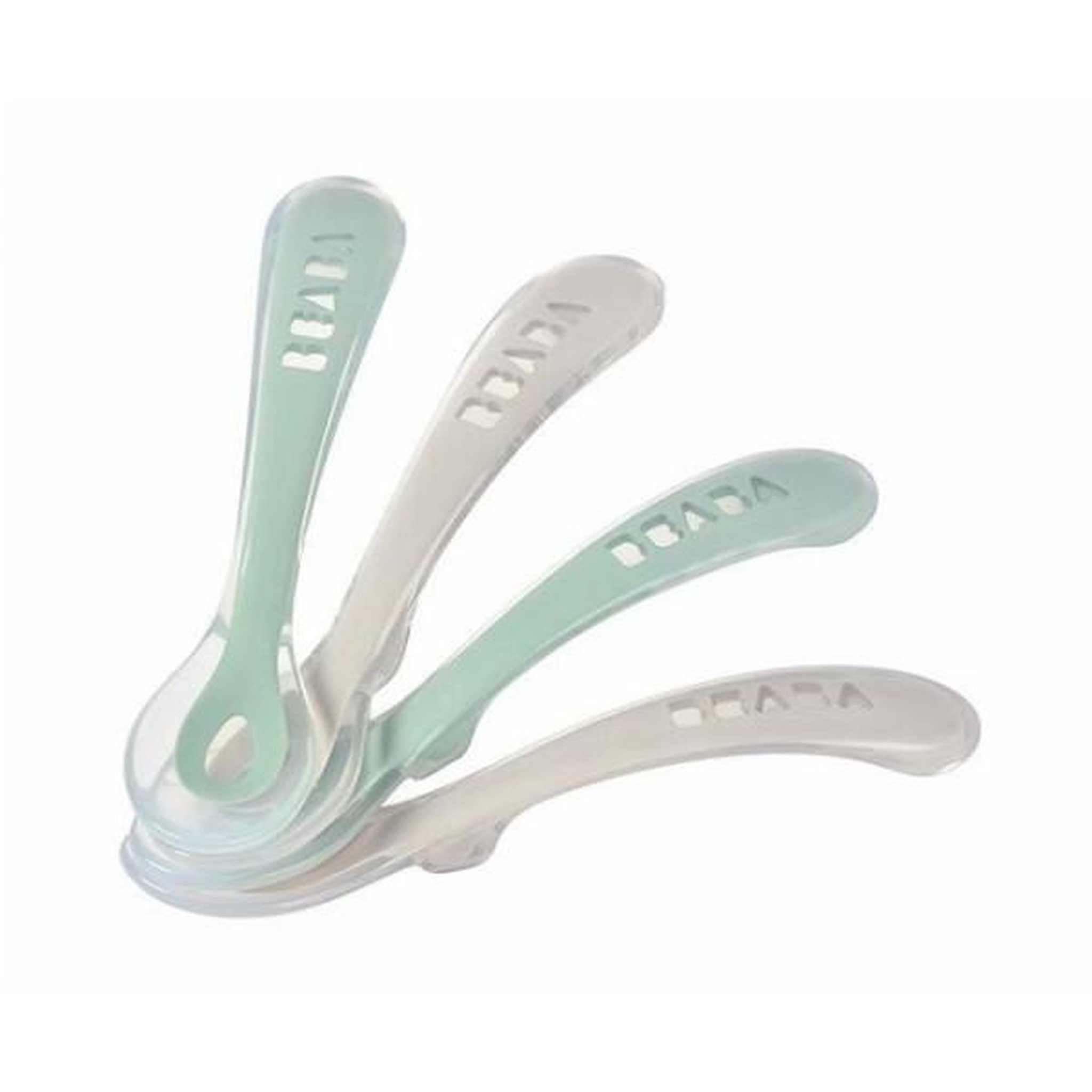 Voir la diapositive 4 : MARKET24 Lot 4 cuilleres 2eme âge silicone gris velours/vert sauge