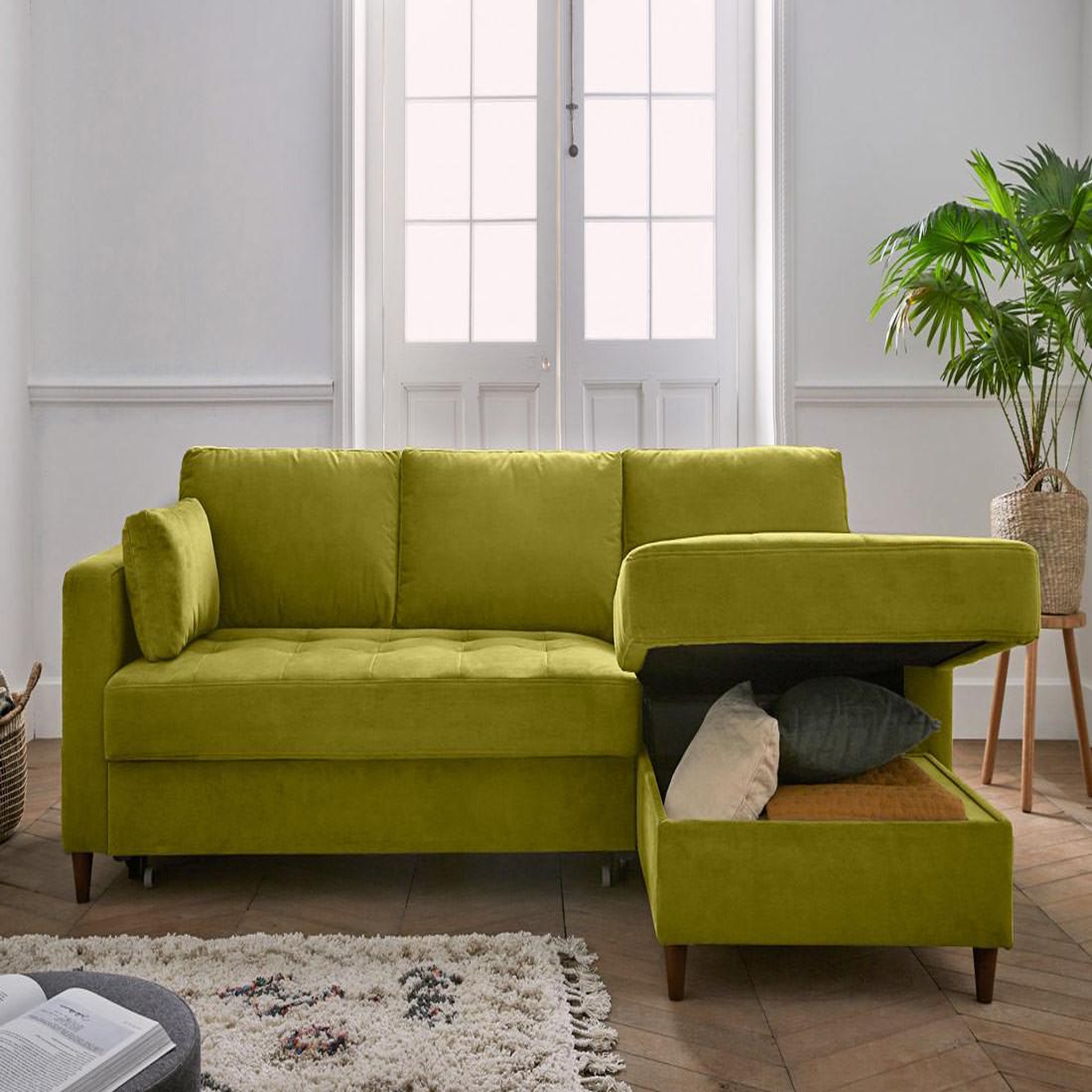 Voir la diapositive 4 : BEST MOBILIER Anna - canapé d'angle droit - 4 places - convertible avec coffre - en velours