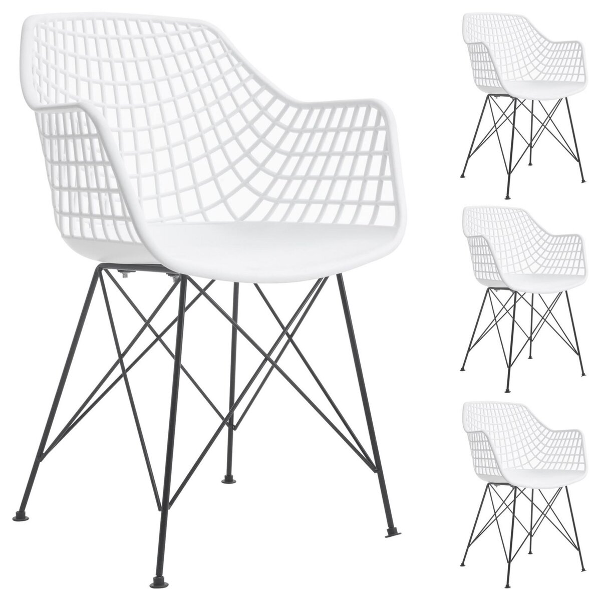IDIMEX Lot de 4 chaises ALICANTE pour salle à manger ou cuisine design retro avec accoudoirs coque plastique blanc et 4 pieds croisé noir