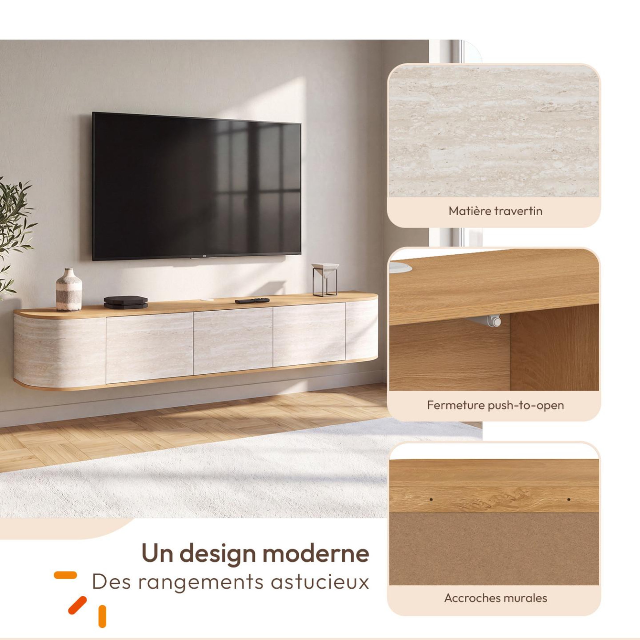 Voir la diapositive 3 : ID MARKET Meuble tv 180 cm suspendu leora 3 portes effet travertin et bois