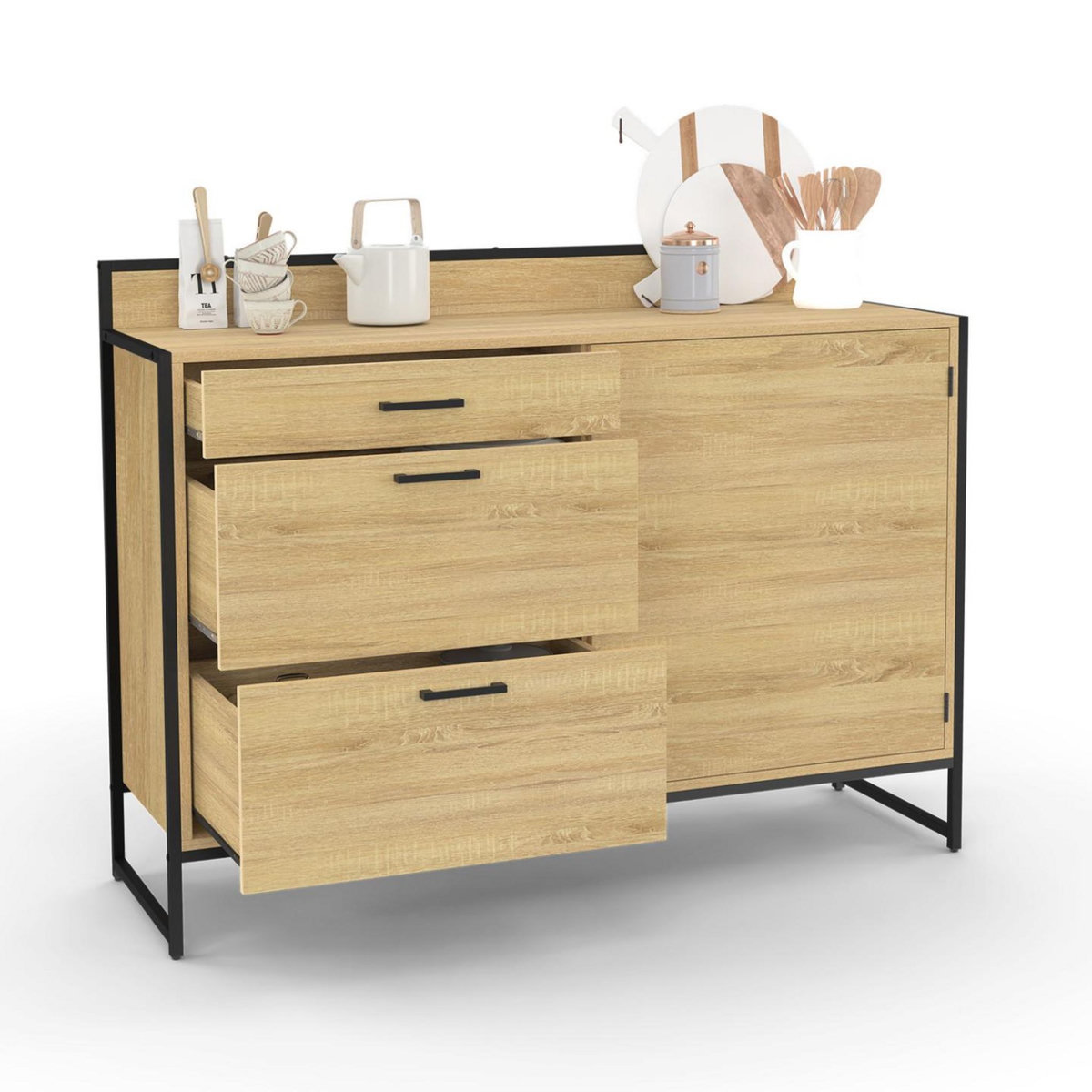 ID MARKET Buffet bas casserolier de cuisine 120 cm DETROIT plan de travail H.83 cm 1 porte + 3 tiroirs design industriel