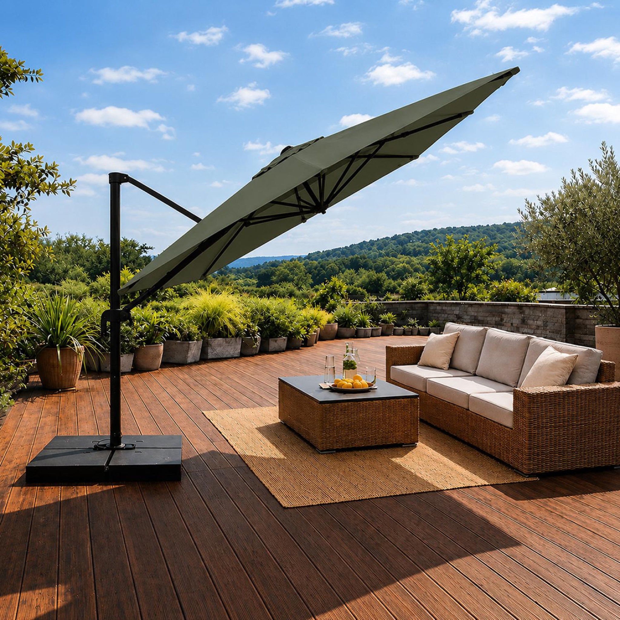 Voir la diapositive 5 : CONCEPT USINE Parasol rectangulaire 3x4 déporté rotatif vert en aluminium CEZIR