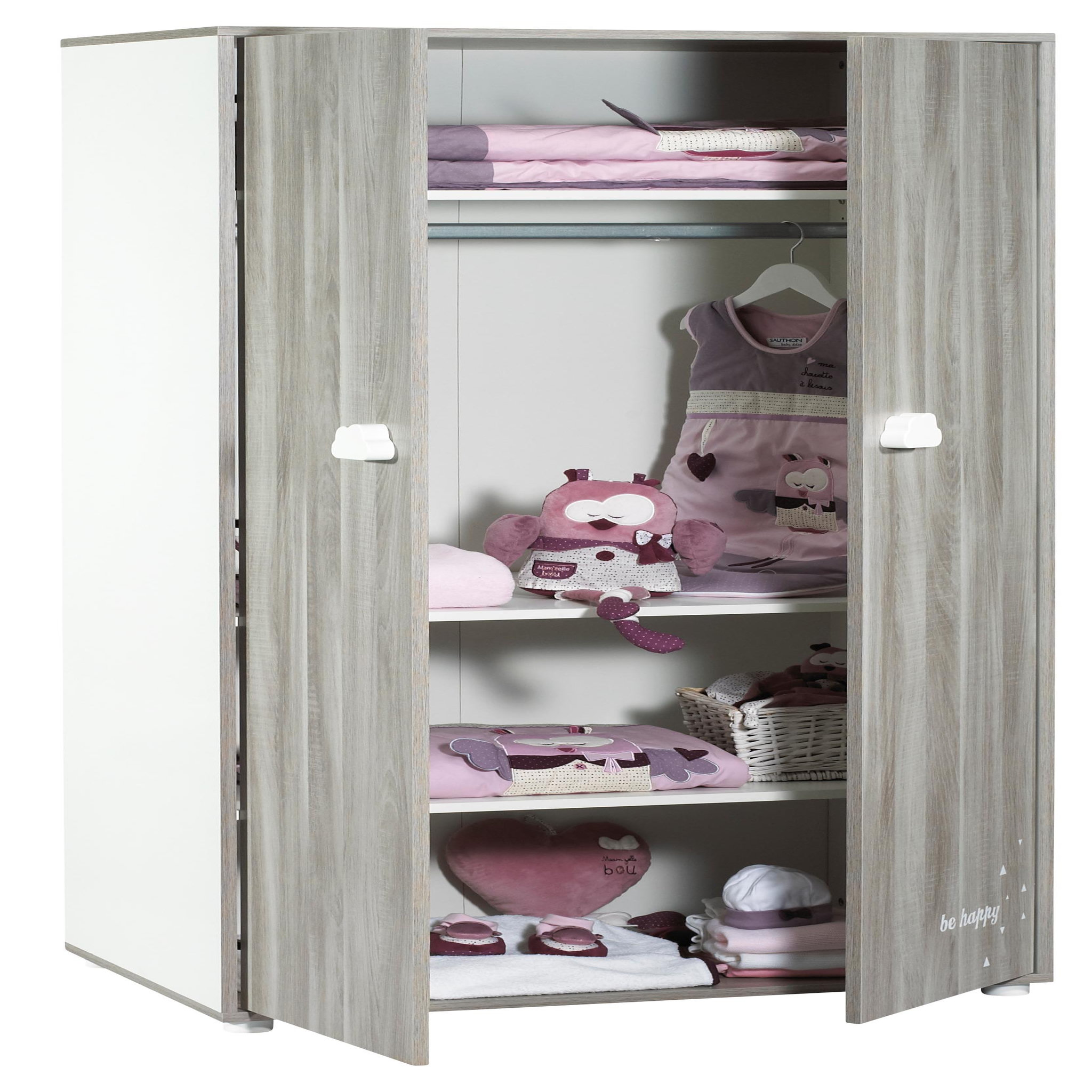 Voir la diapositive 2 : BABY PRICE Armoire chambre bébé 2 portes HAPPY, Chêne Silex