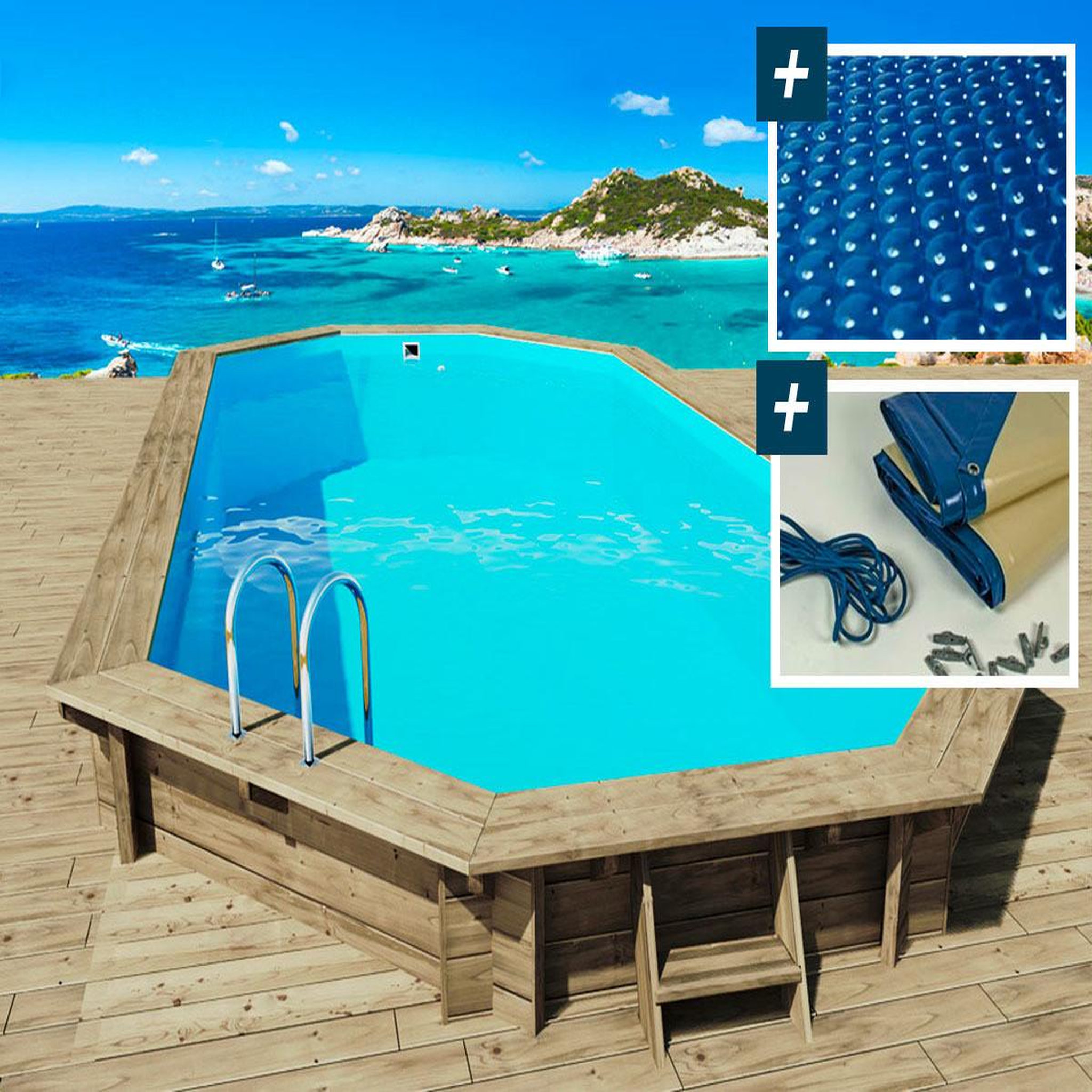 Voir la diapositive 1 : Habitat et Jardin Piscine bois   Palma 130   - 7.57 x 4.07 x 1.31 m +  Bâche à bulles 180 µ + Bâche hiver 280 gr/m²