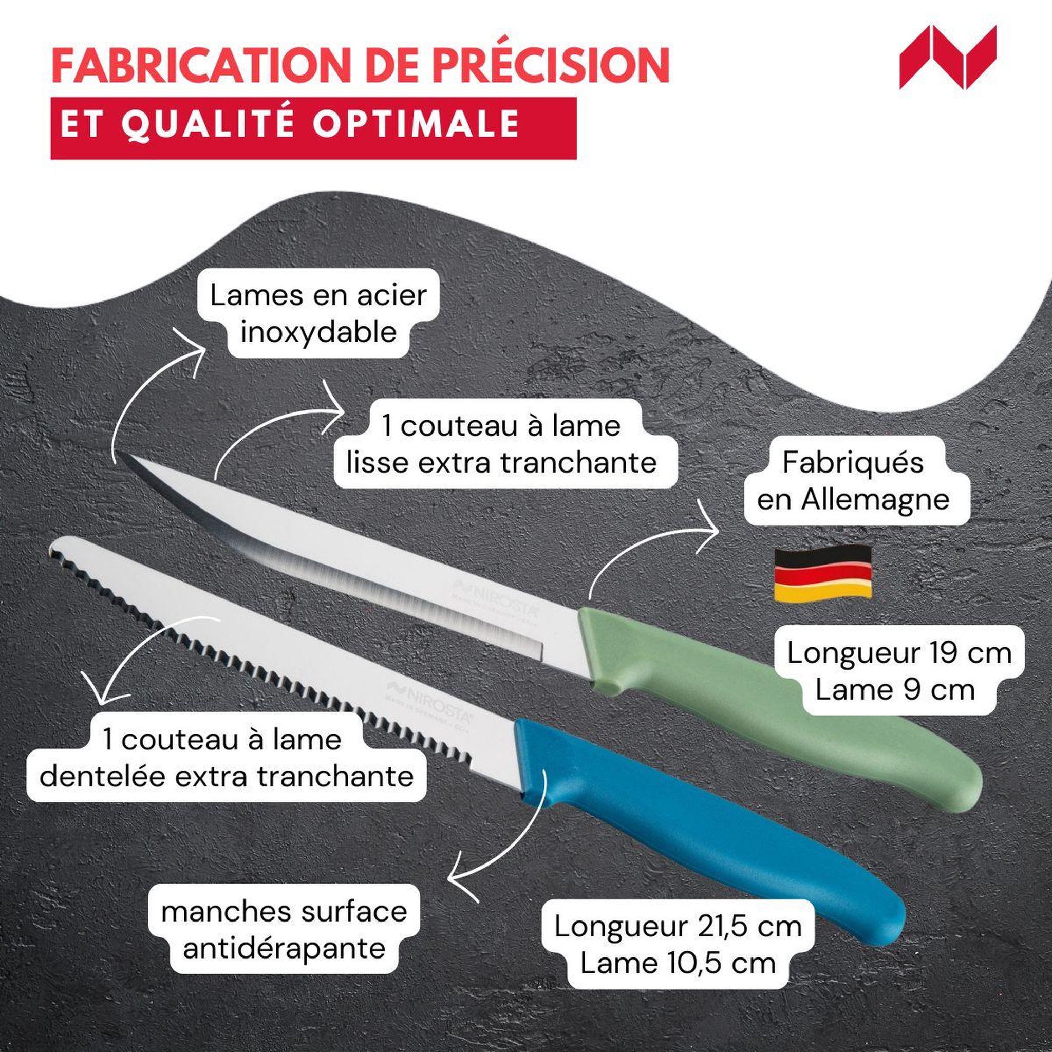 Voir la diapositive 3 : NIROSTA Set de 2 couteaux d'office et à petit déjeuner 22,5 cm Nirosta Elemental