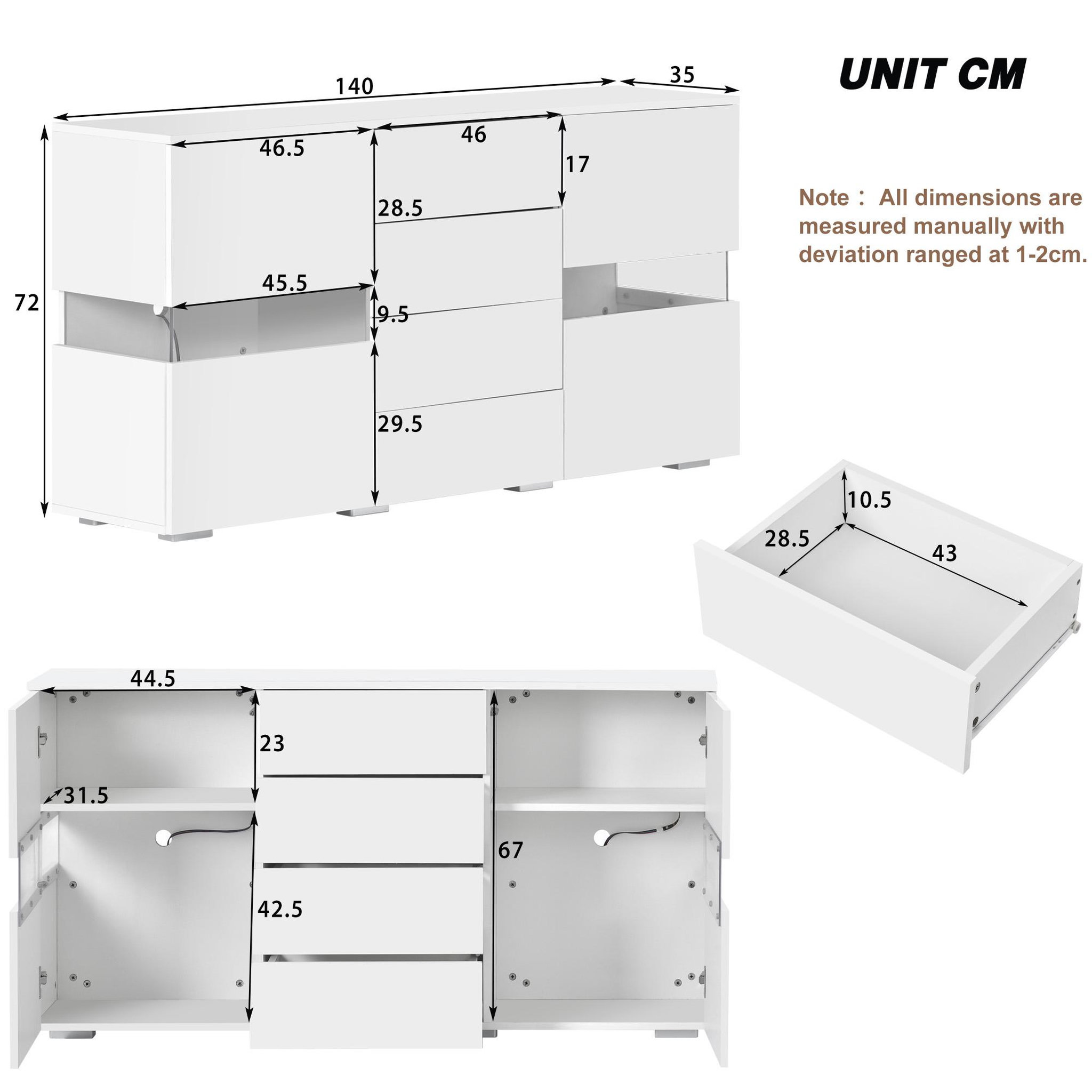 Voir la diapositive 3 : MERAX Buffet 2 porte(s) 4 tiroir(s) - 145 cm blanc led mdf