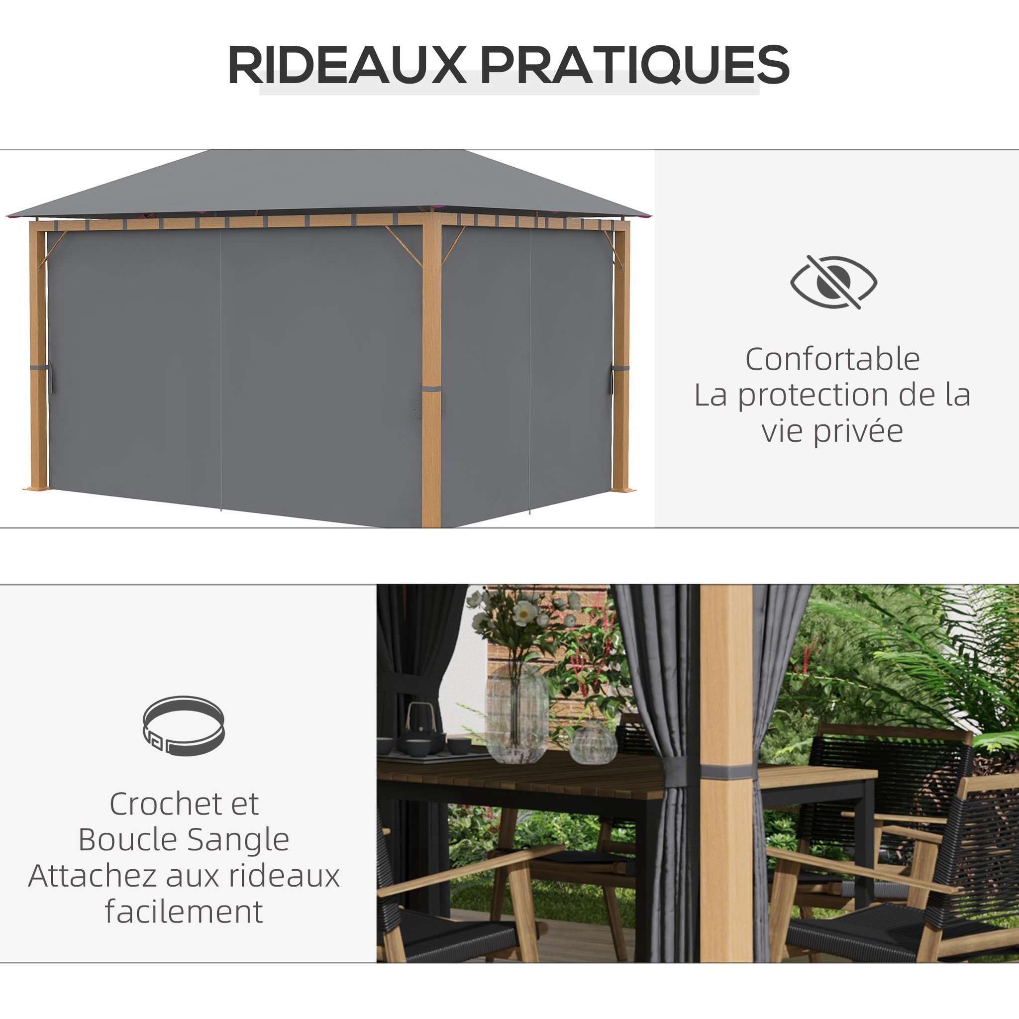 Voir la diapositive 4 : OUTSUNNY Pavillon de jardin style contemporain - barnum avec rideaux - dim. 3,97L x 2,97l x 2,8H m - alu. aspect bois polyester gris