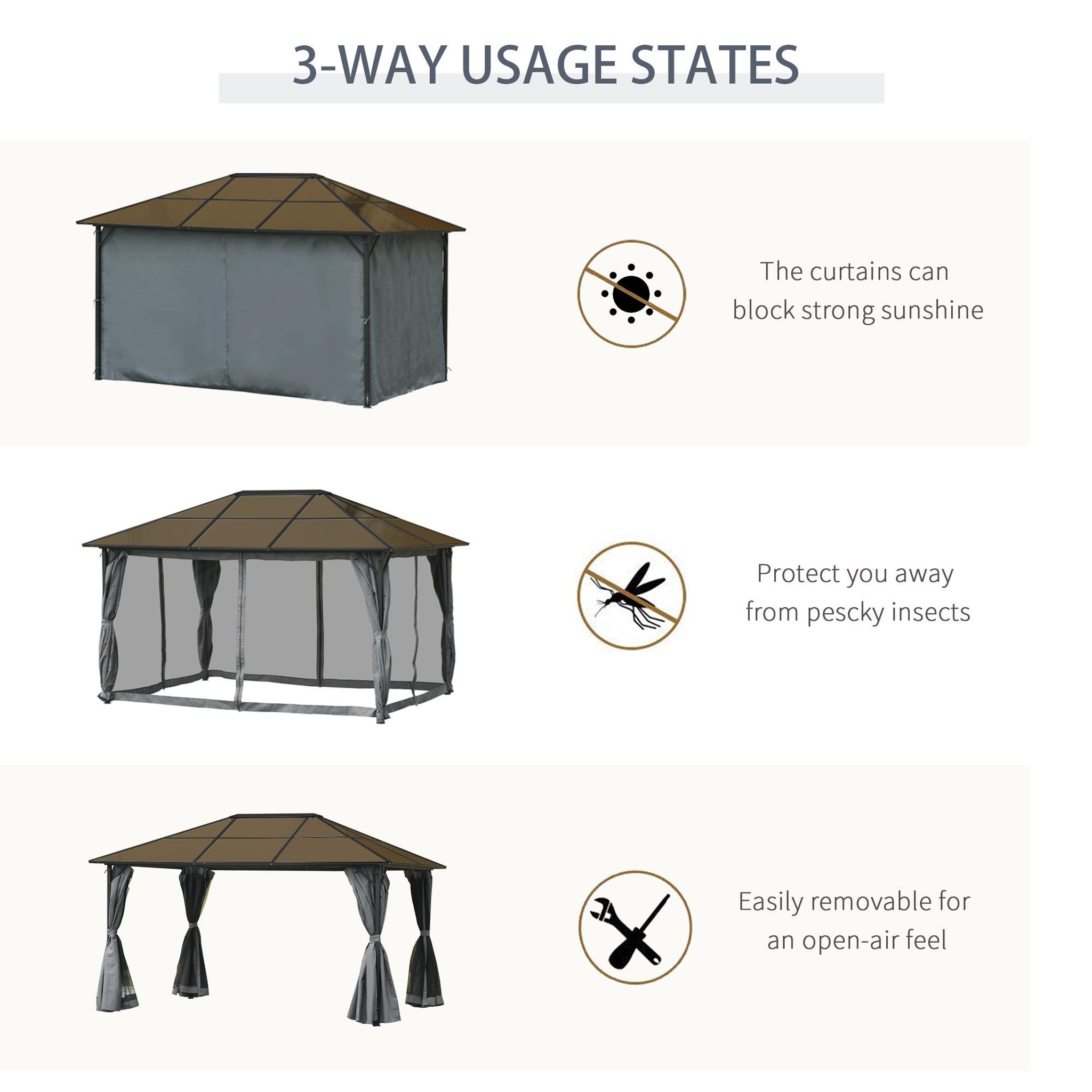 Voir la diapositive 6 : OUTSUNNY Pavillon de jardin tonnelle rigide dim. 4L x 3l x 2,65H m 4 parois latérales anti-UV gris 4 moustiquaires zippées alu. métal polycarbonate noir brun