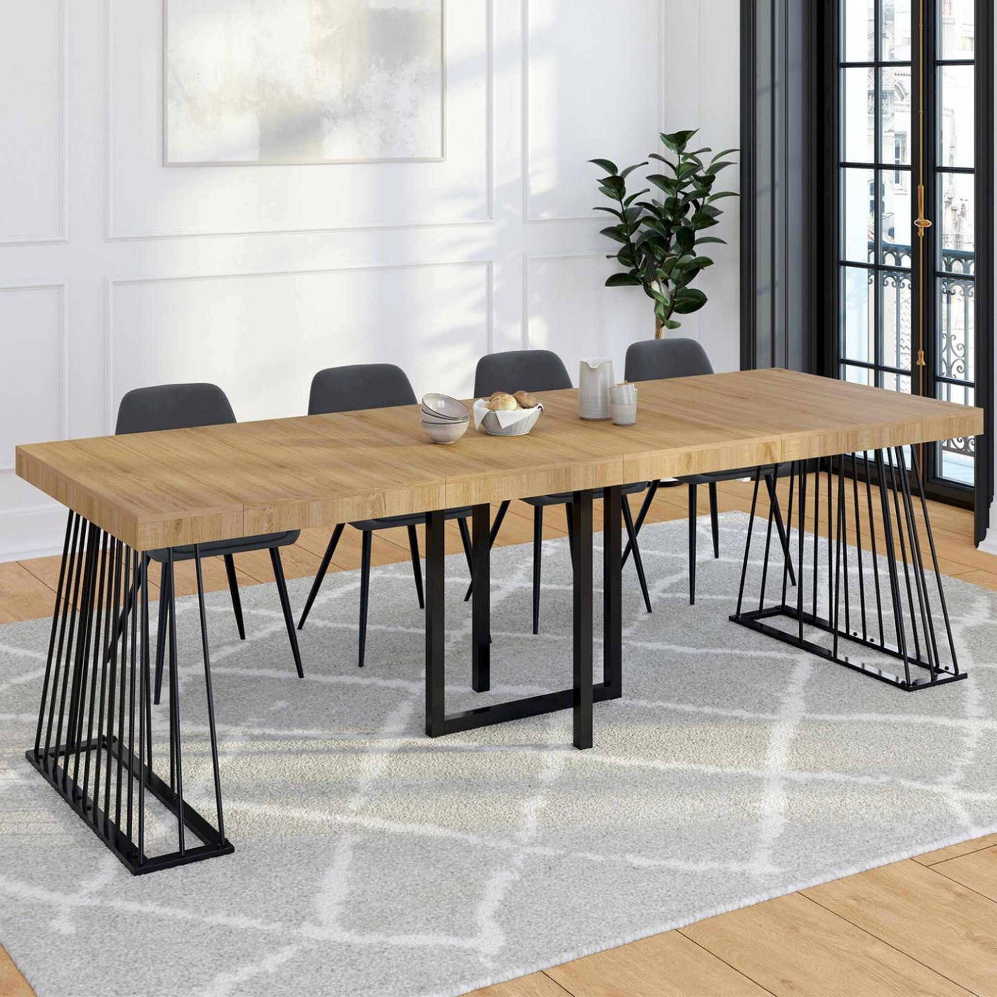 Voir la diapositive 2 : ID MARKET Table console extensible yuna 10 personnes 235 cm plateau bois et pied filaire en métal noir