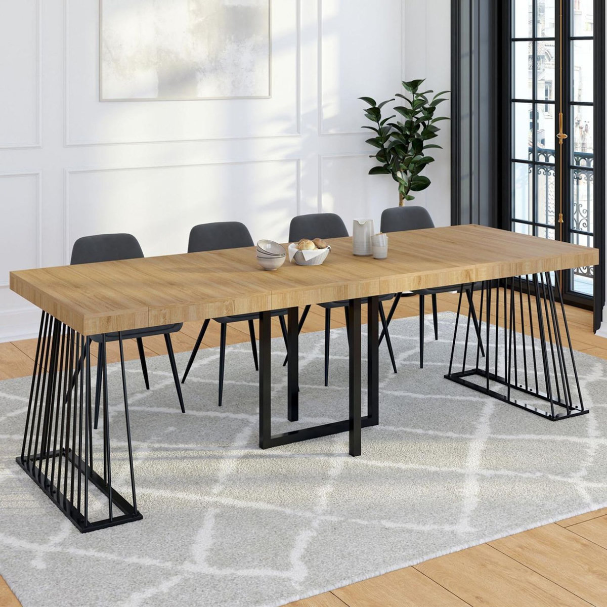ID MARKET Table console extensible YUNA 10 personnes 235 cm plateau bois et pied filaire en métal noir