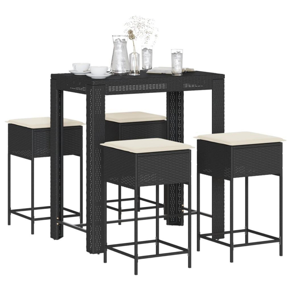 VIDAXL Ensemble de bar de jardin 5 pcs avec coussins noir poly rotin