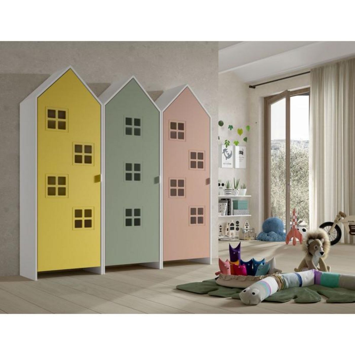 Paris Prix Pack - 3 Armoires Enfant  Casami Bruges  171cm Jaune, Vert & Rose