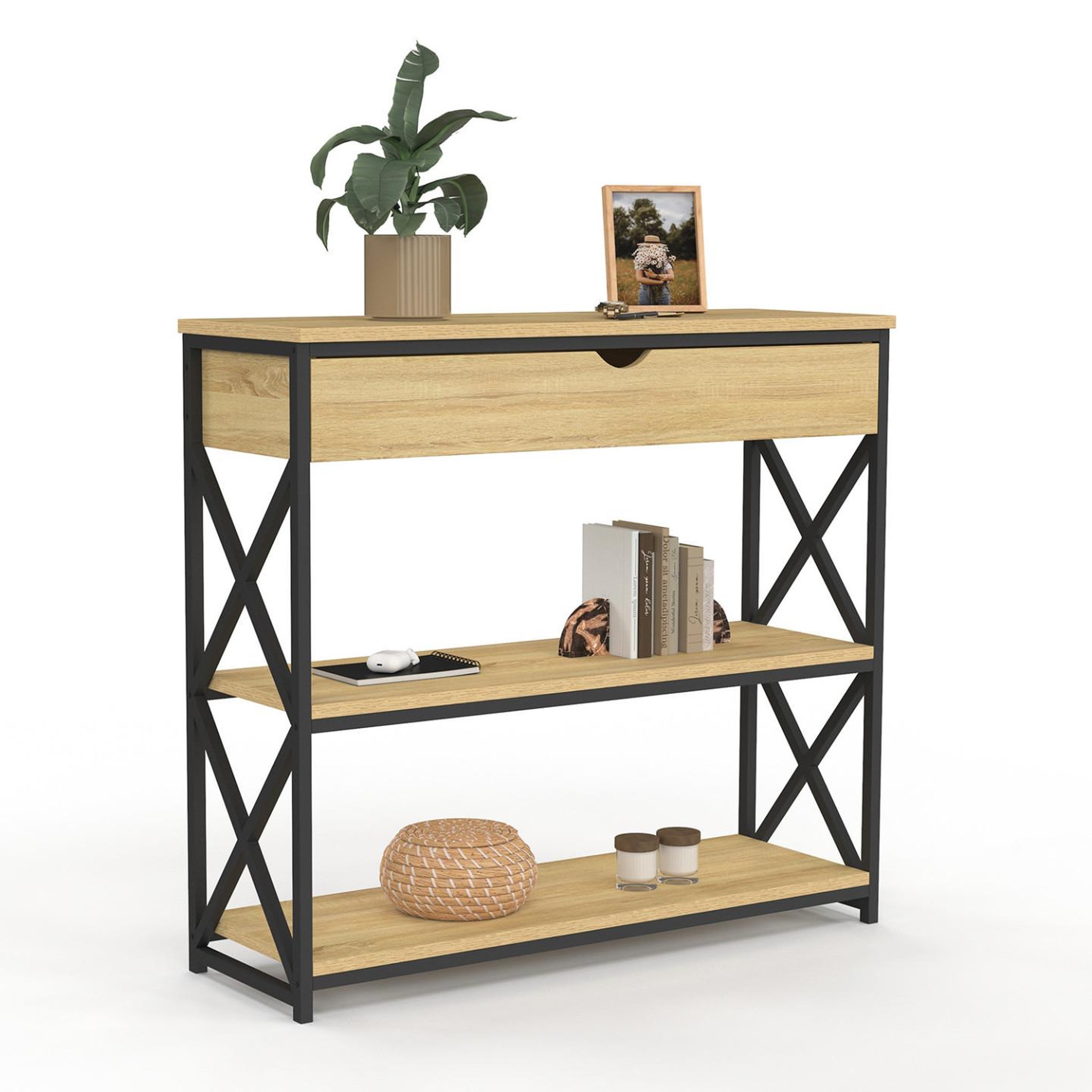 ID MARKET Console 1 tiroir wayne 2 étagères design industriel