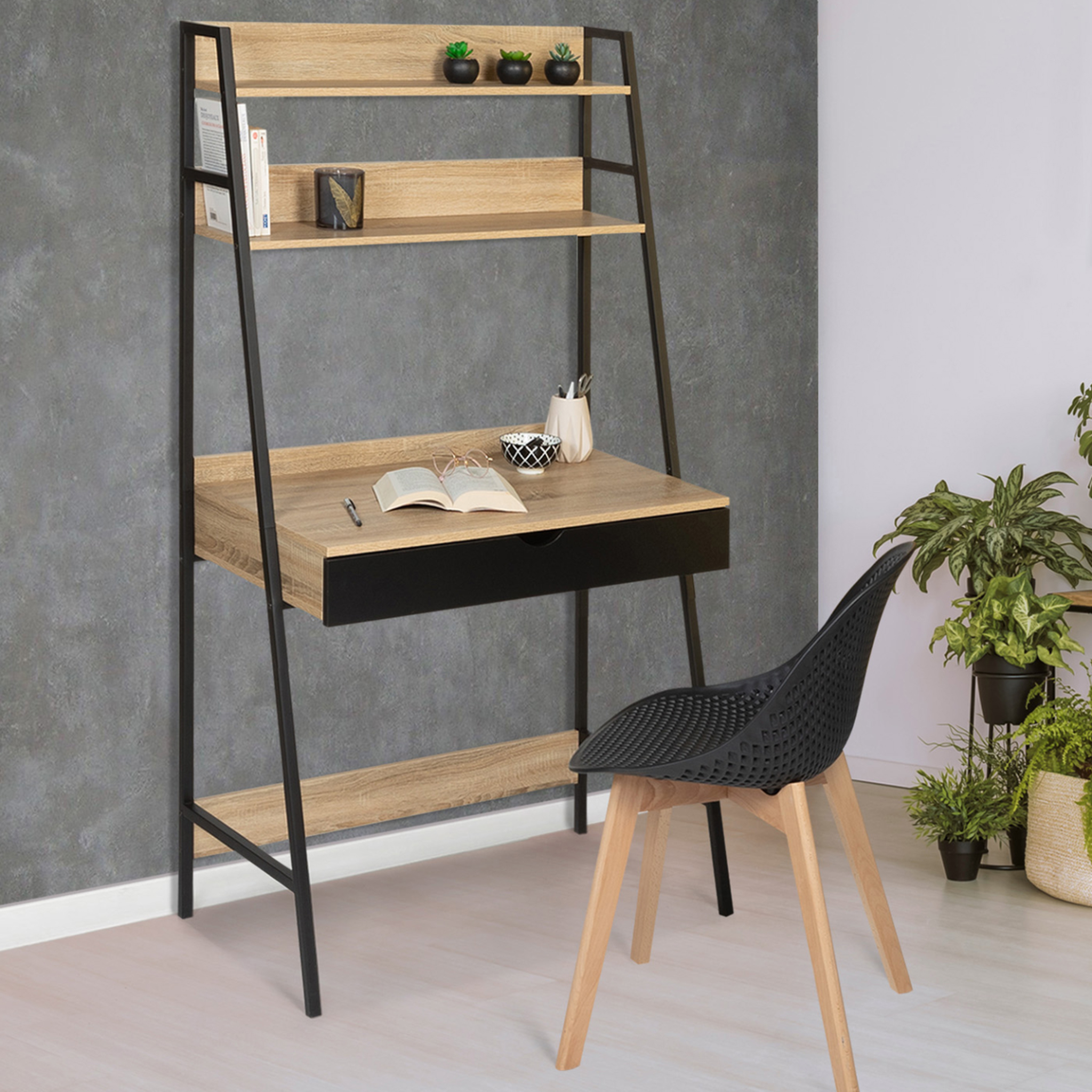 Voir la diapositive 2 : ID MARKET Bureau étagère 1 tiroir noir boston design industriel