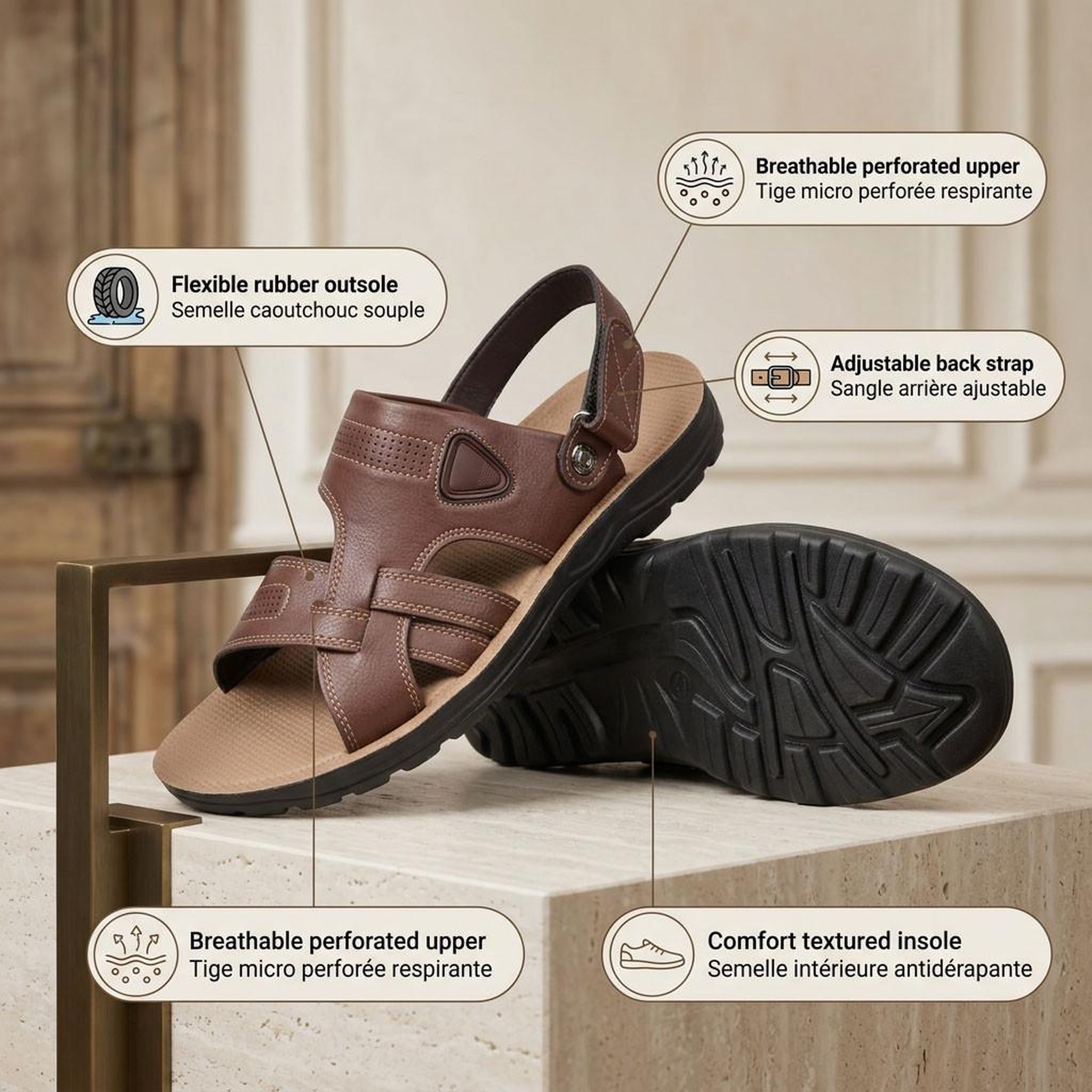 Voir la diapositive 4 : OZABI OZABI Sandales Homme Confort Semelle Souple Antiderapante Scratch 39-45