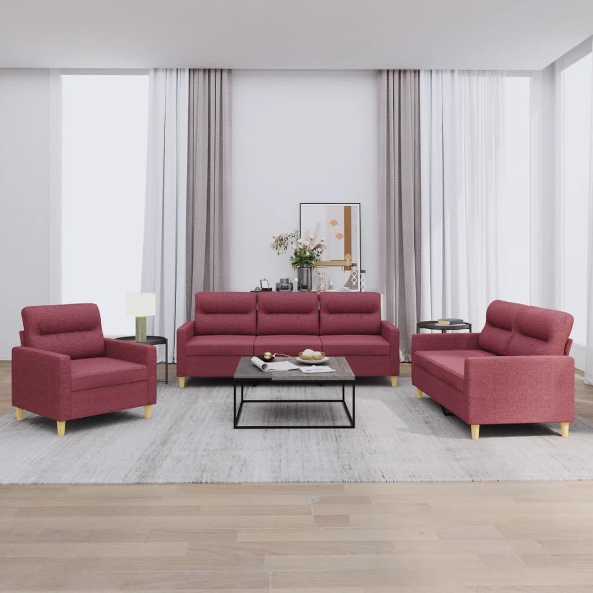 VIDAXL Ensemble de canapes 3 pcs avec coussins Rouge bordeaux Tissu