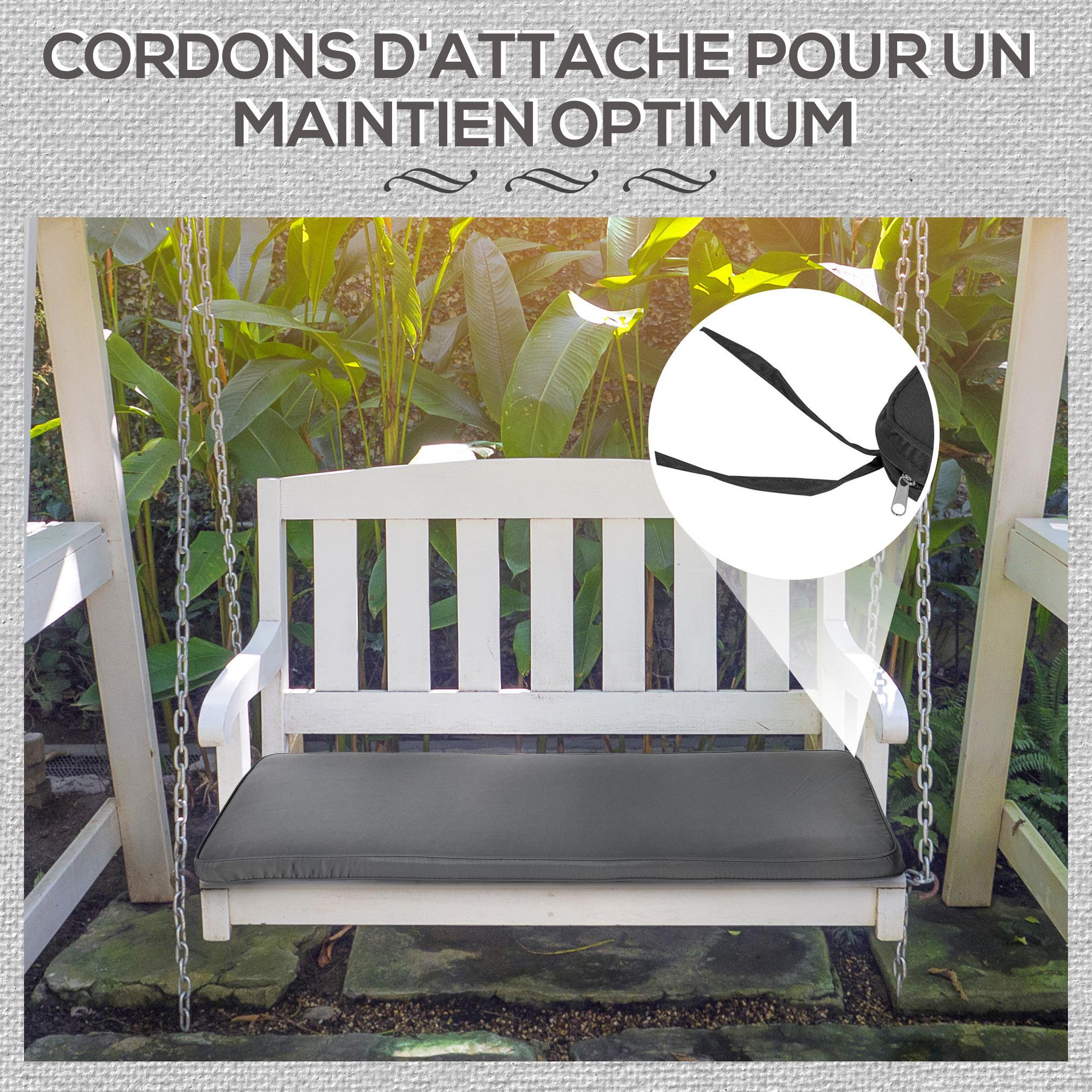 Voir la diapositive 4 : OUTSUNNY Coussin matelas assise pour banc de jardin balancelle canapé 2 places - déhoussable - dim. 110L x 46l x 5H cm - polyester gris