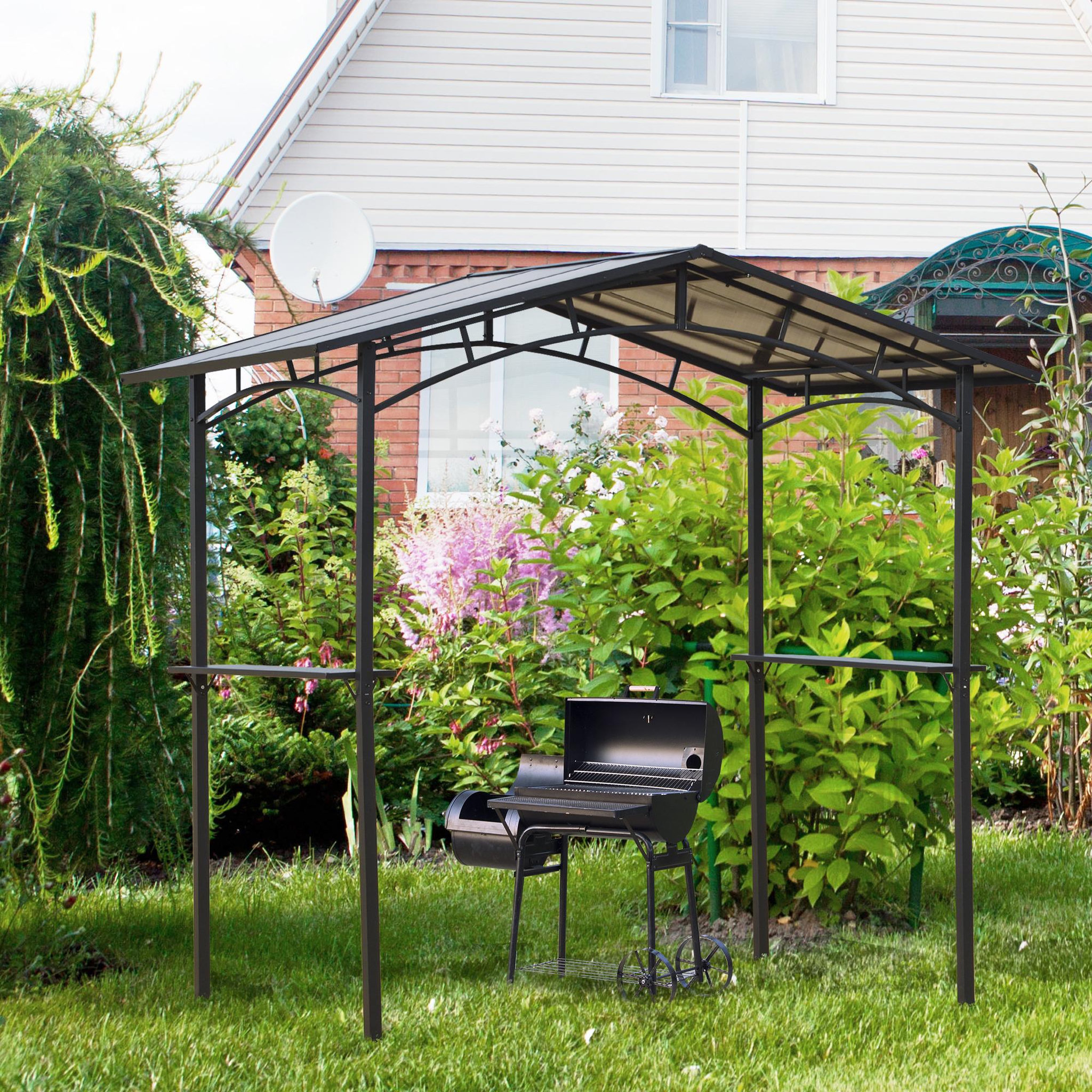 Voir la diapositive 2 : OUTSUNNY Pavillon jardin - abri barbecue - steakhouse 2 étagères - toit de barbecue - dim. 2,46L x 1,49l x 2,30H m - alu. métal noir toit polycarbonate