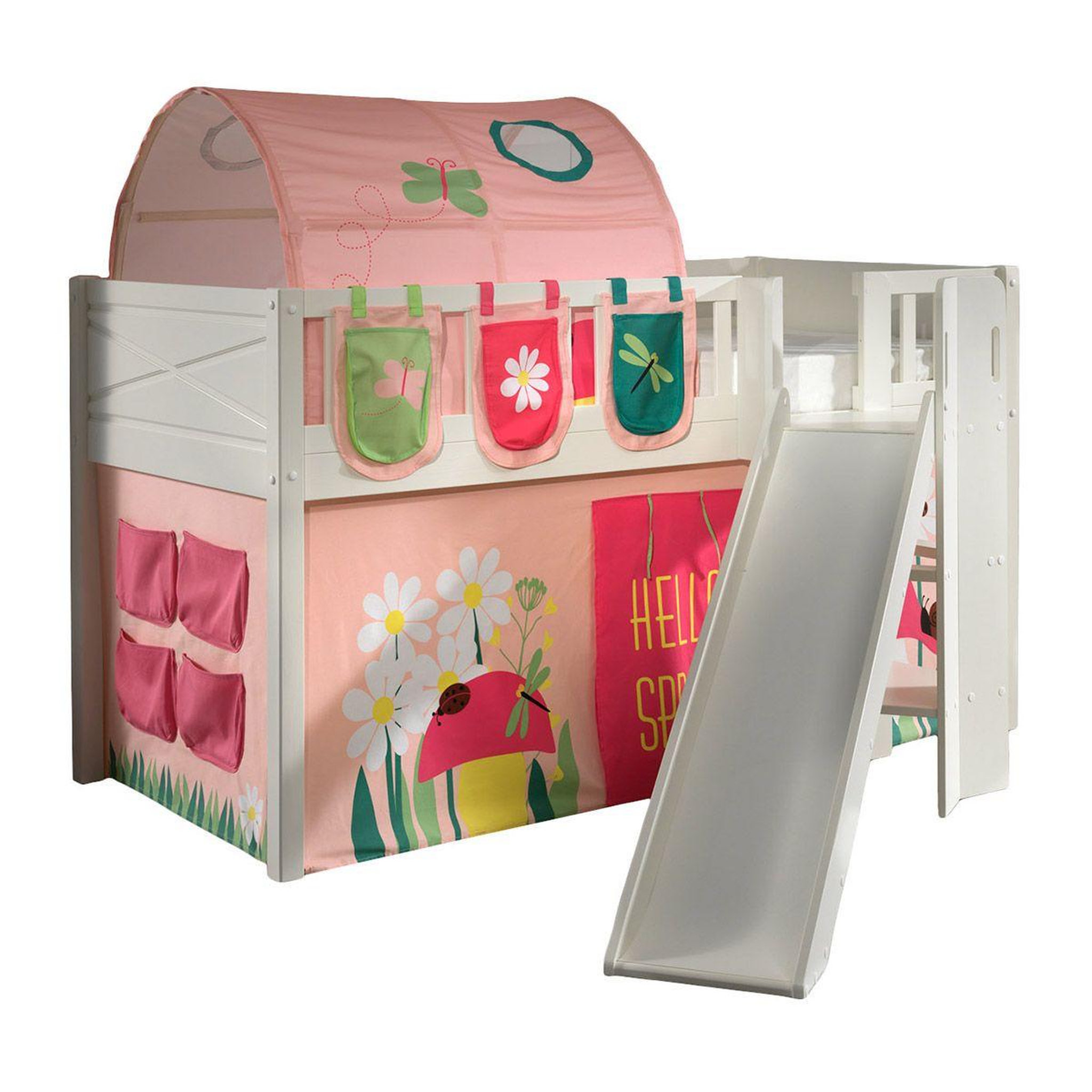 Paris Prix Lit enfant toboggan, tente, tunnel & 3 pochettes  scott spring  90x200cm blanc