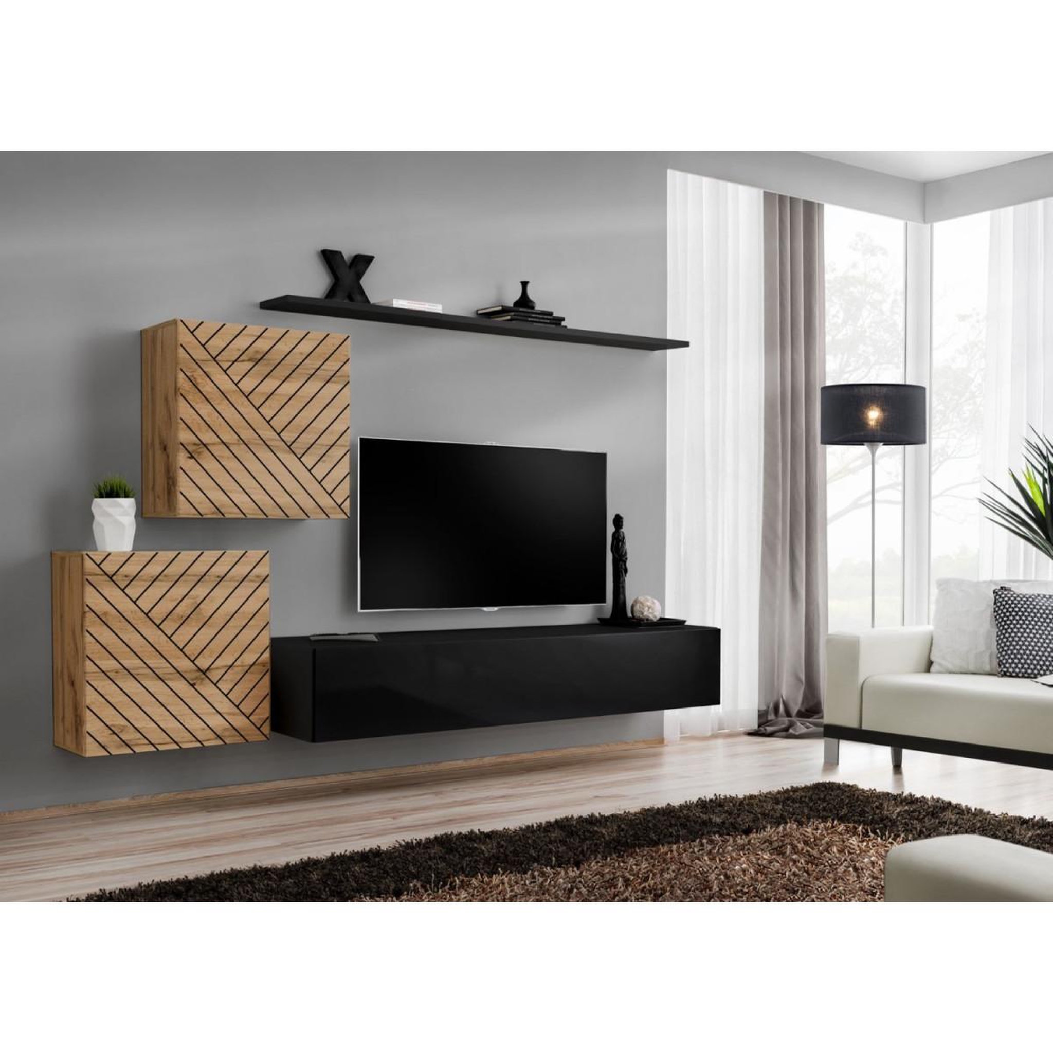 Voir la diapositive 2 : Paris Prix Ensemble meuble tv  switch lamel v  250cm noir & naturel
