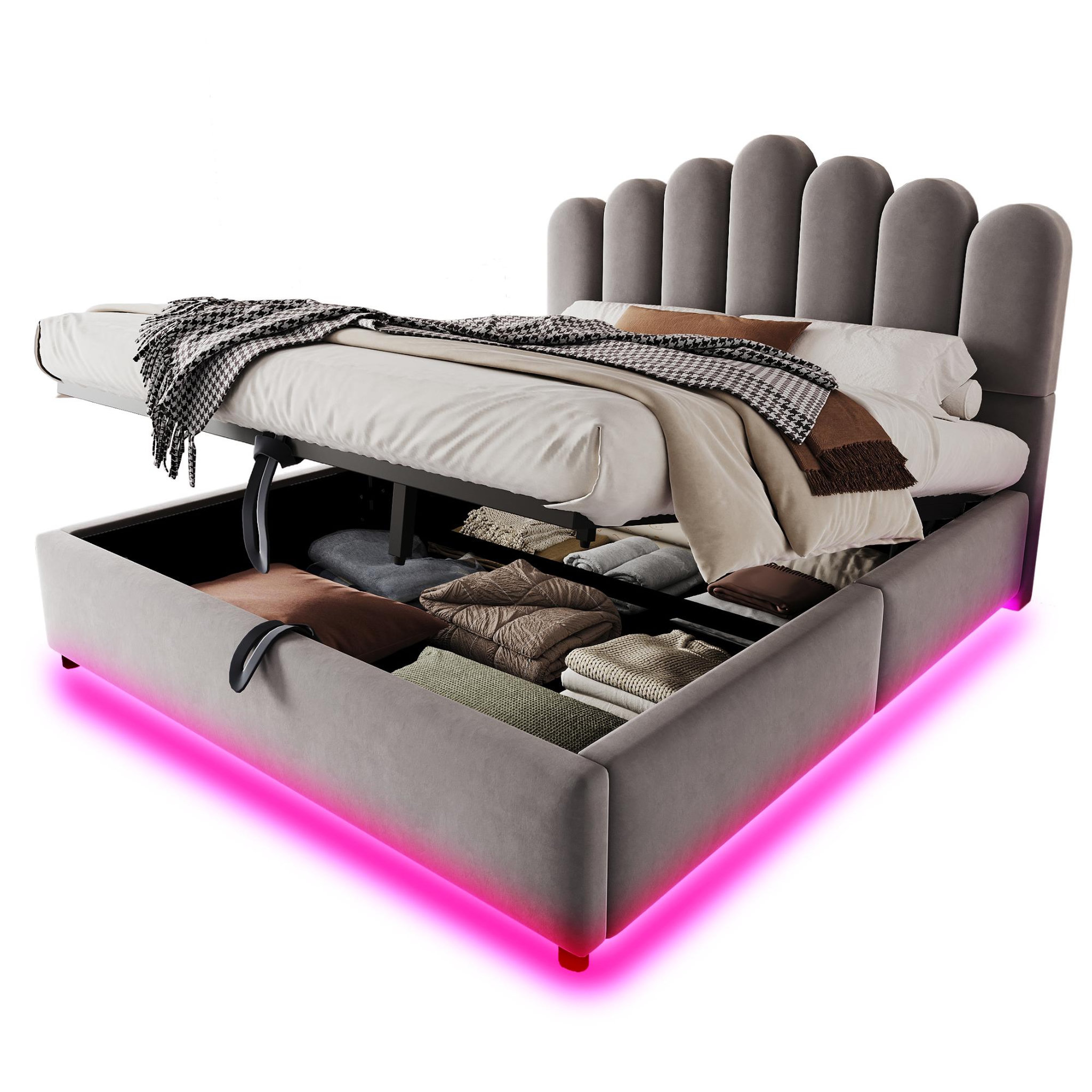 Voir la diapositive 1 : MERAX Lit coffre velours avec led, tête de lit capitonnée et sommier à lattes