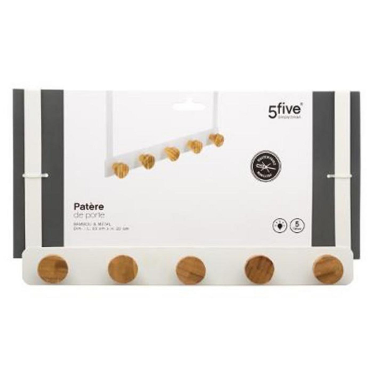 FIVE Patère en Métal & Bambou  5 Têtes  20cm Blanc