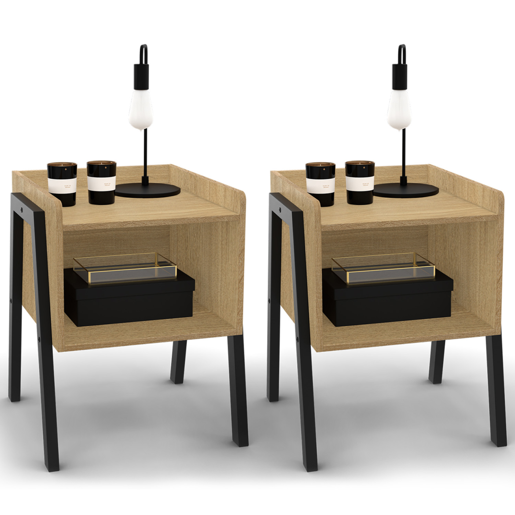 ID MARKET Lot de 2 tables de chevets dalat 1 niche bois et pieds métal noir design industriel