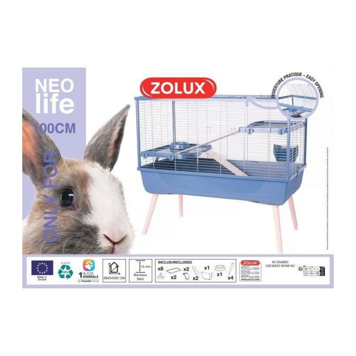 Zolux Cage rongeur surélevée - Zolux - Néolife - 2 étages pour lapin - 99 x 54 x 92 cm - Bleu