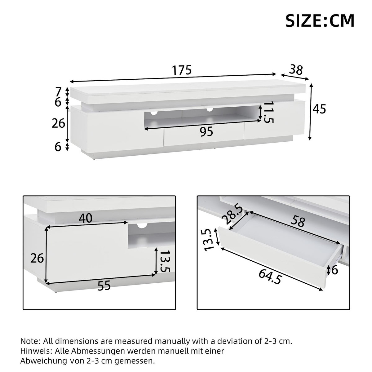 MERAX Meuble tv blanc 175 cm led panneau de particules