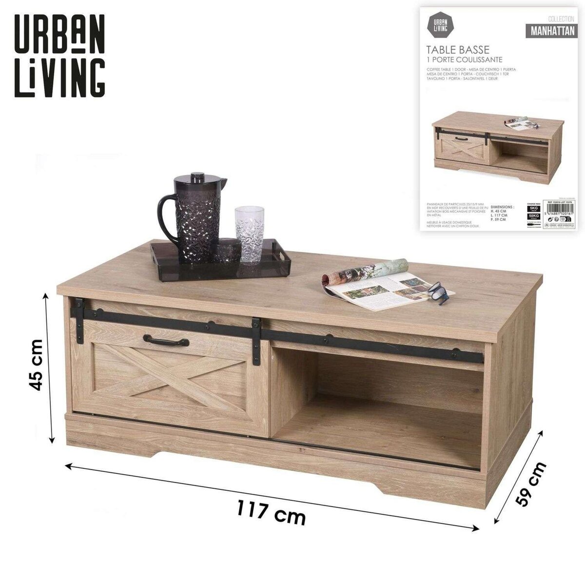 DIVERS Table basse New York 1 porte coulissante - Marron