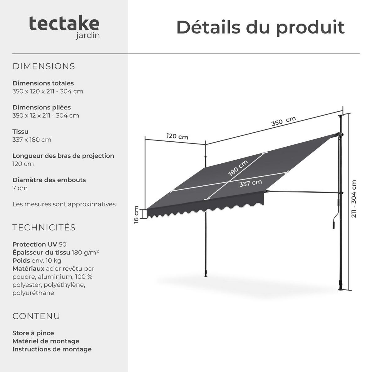 tectake Store à pince sans perçage avec manivelle noir/gris 350 x 180 cm