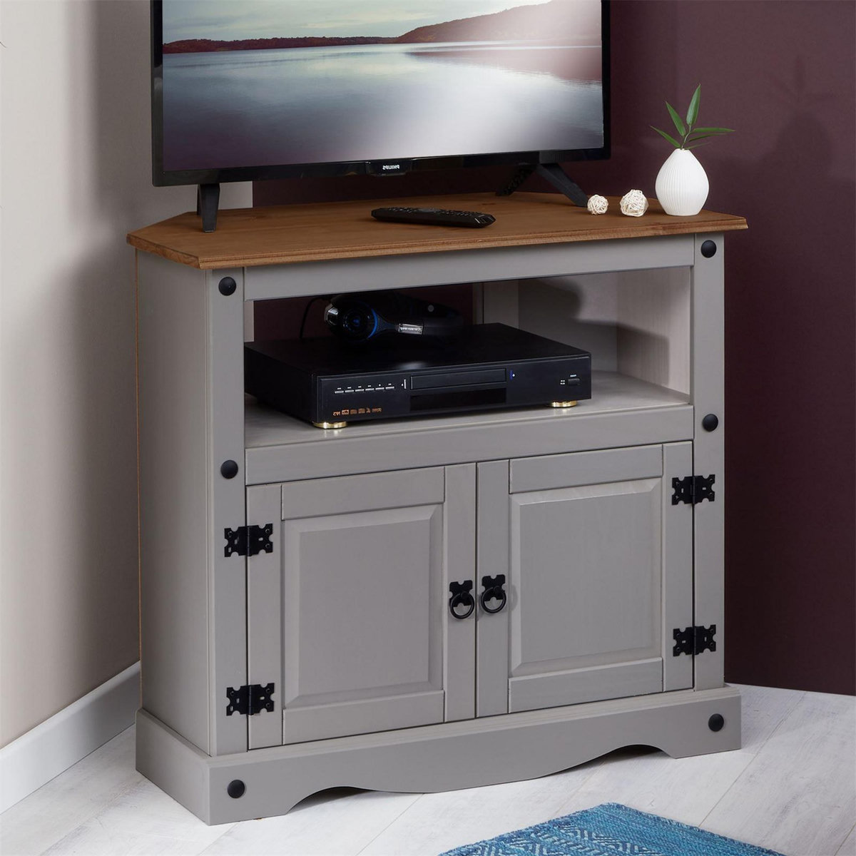 IDIMEX Meuble TV RAMON avec 2 portes, style mexicain en pin massif gris et brun