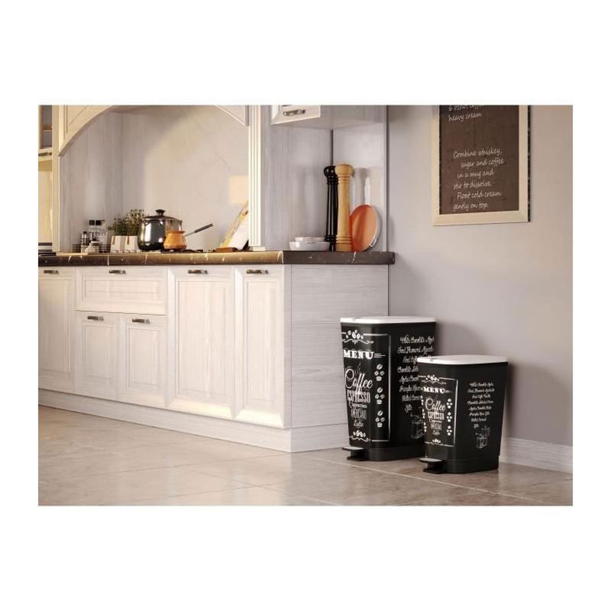 Voir la diapositive 2 : KIS KIS Poubelle de cuisine a pédale - Noir - Motif coffee - 42.5L