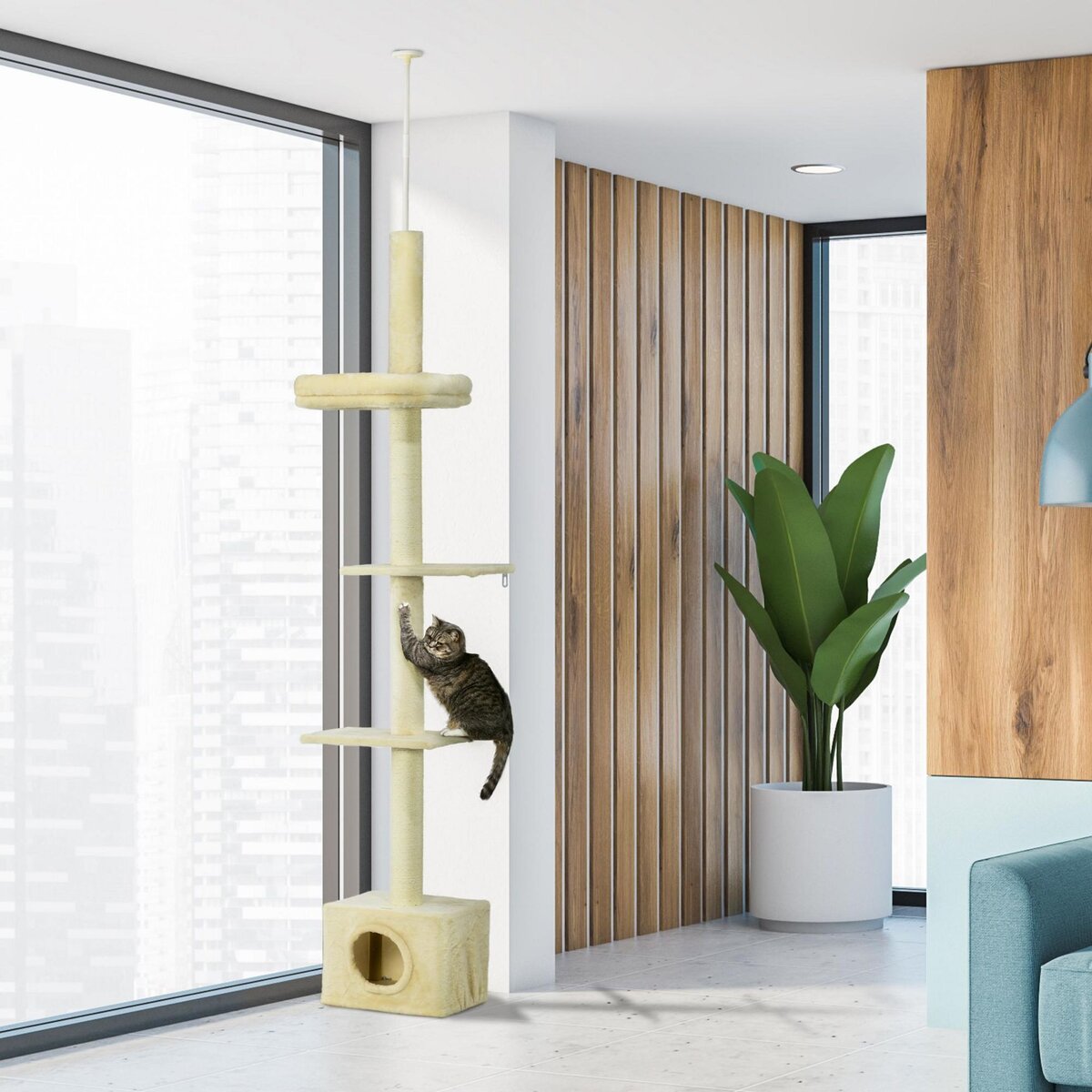 PAWHUT Arbre à chat hauteur réglable 230-260 cm - niche, 3 plateformes - douce peluche courte beige