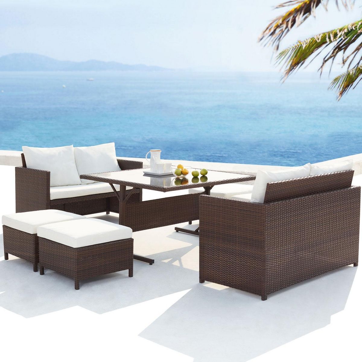 CONCEPT USINE Salon de jardin encastrable 8 places en résine marron- blanc NOUMÉA