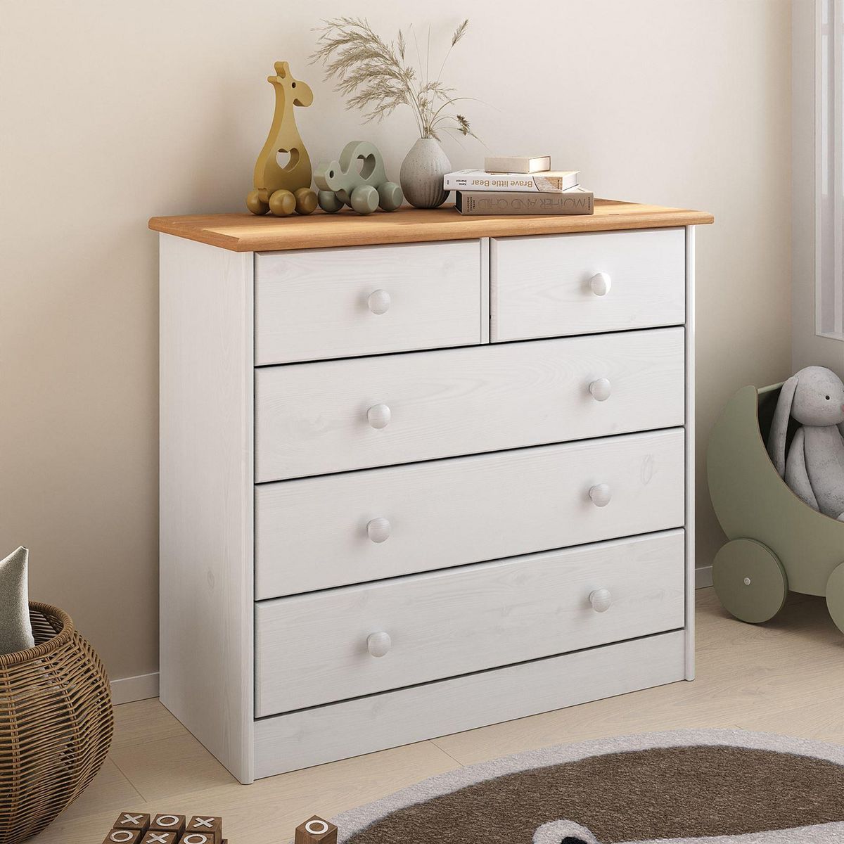 IDIMEX Commode en pin RONDO, 2+3 tiroirs