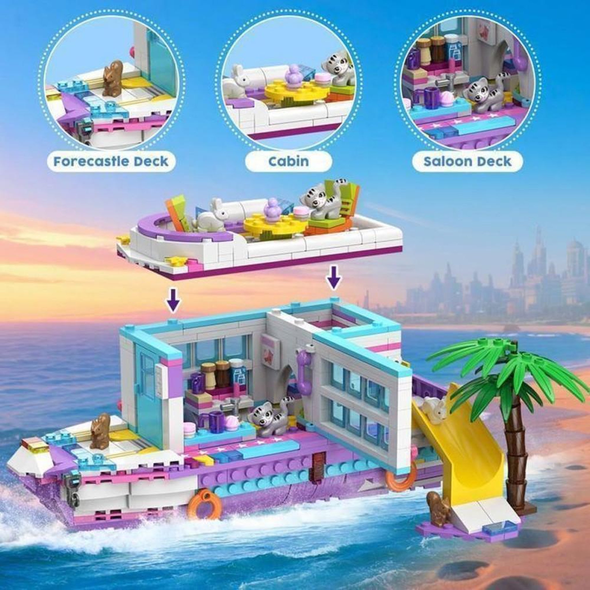 Voir la diapositive 5 : Jeu de construction 3-en-1 808 pièces avion, bateau ou camping-car avec 6 figurines animales, couleur violette