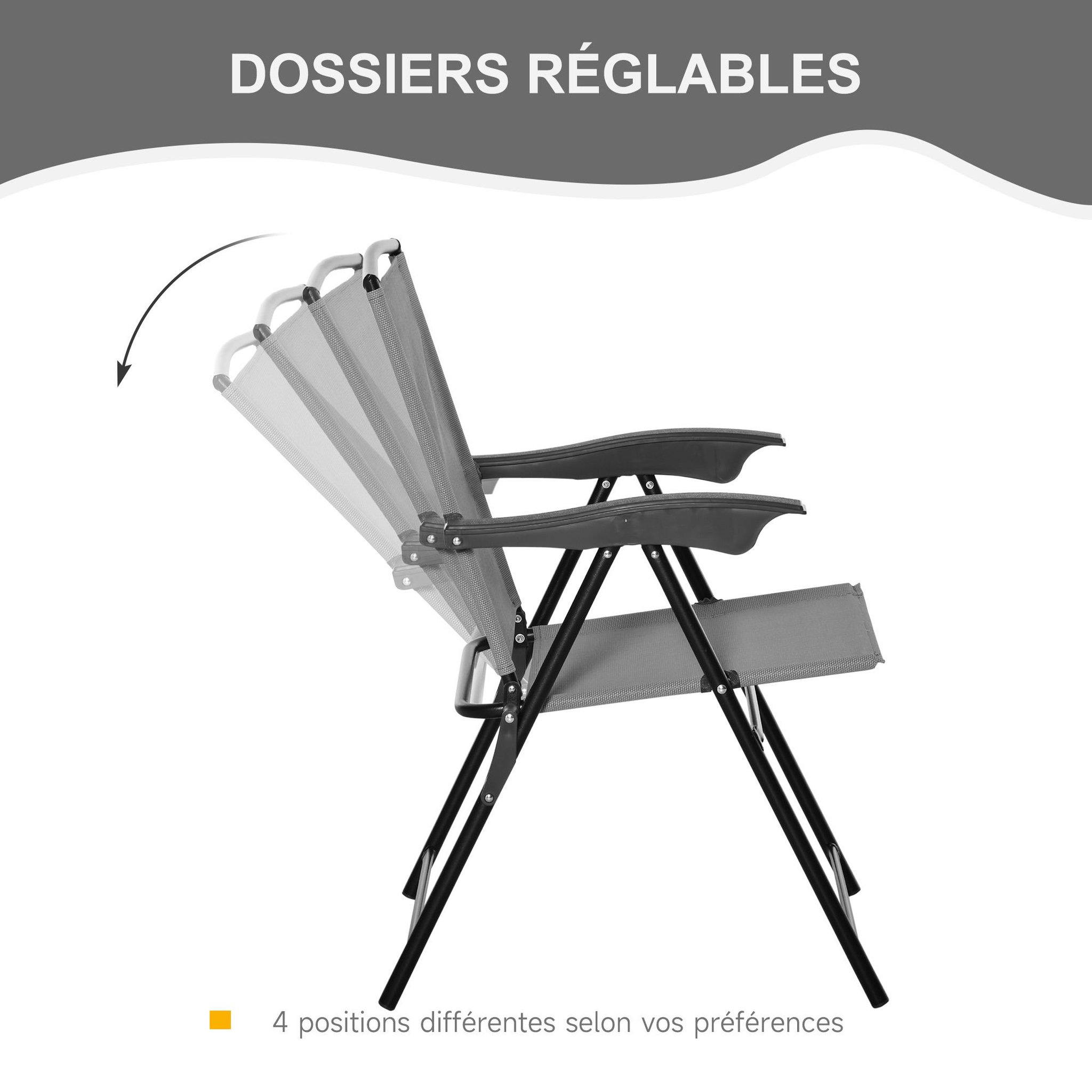 Voir la diapositive 4 : OUTSUNNY Ensemble de jardin 3 pièces 2 chaises inclinables multi-positions pliables + table ronde verre trempé métal époxy textilène gris