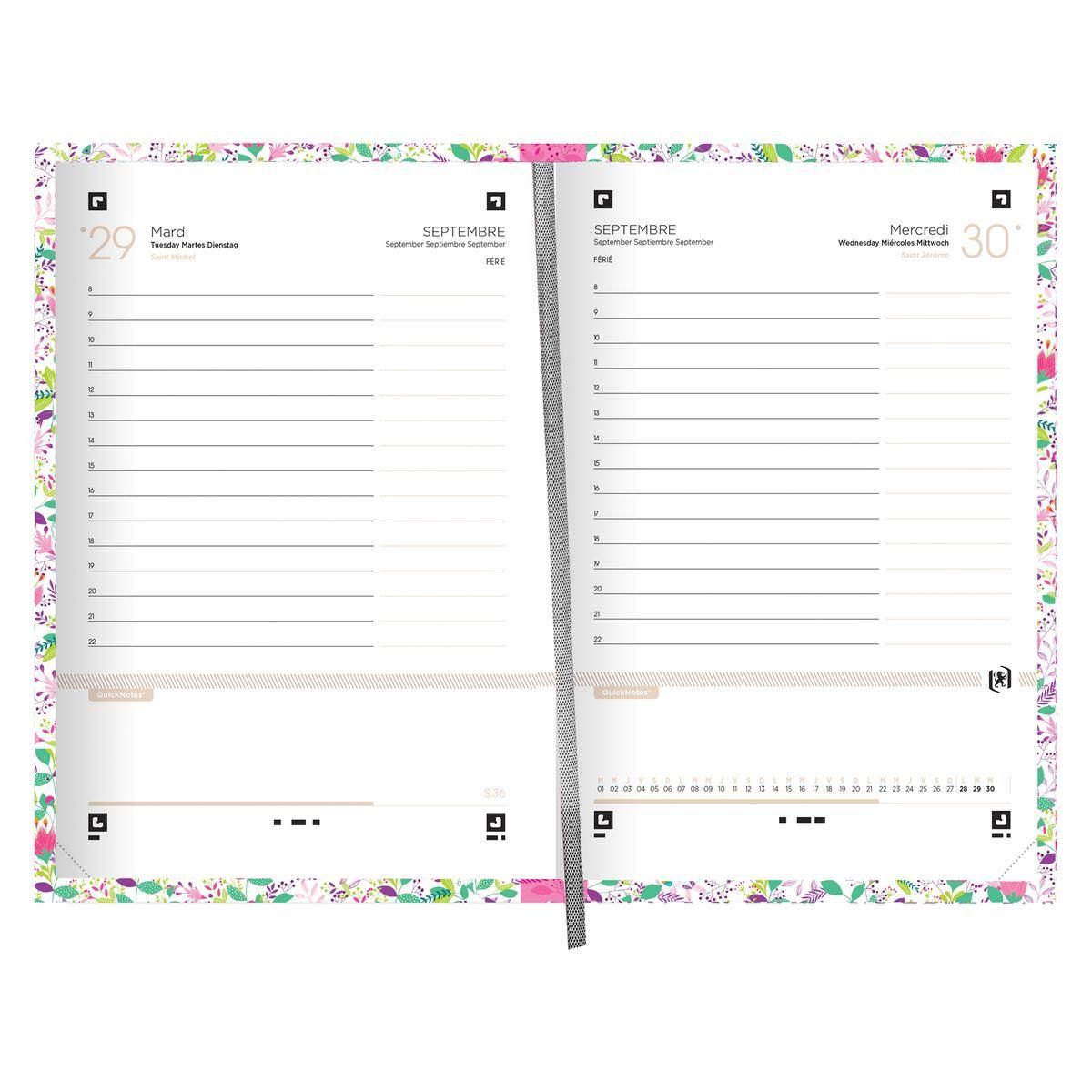 OXFORD Agenda scolaire journalier 12x18cm Flowers fleurs rose élastique rose 2023-2024