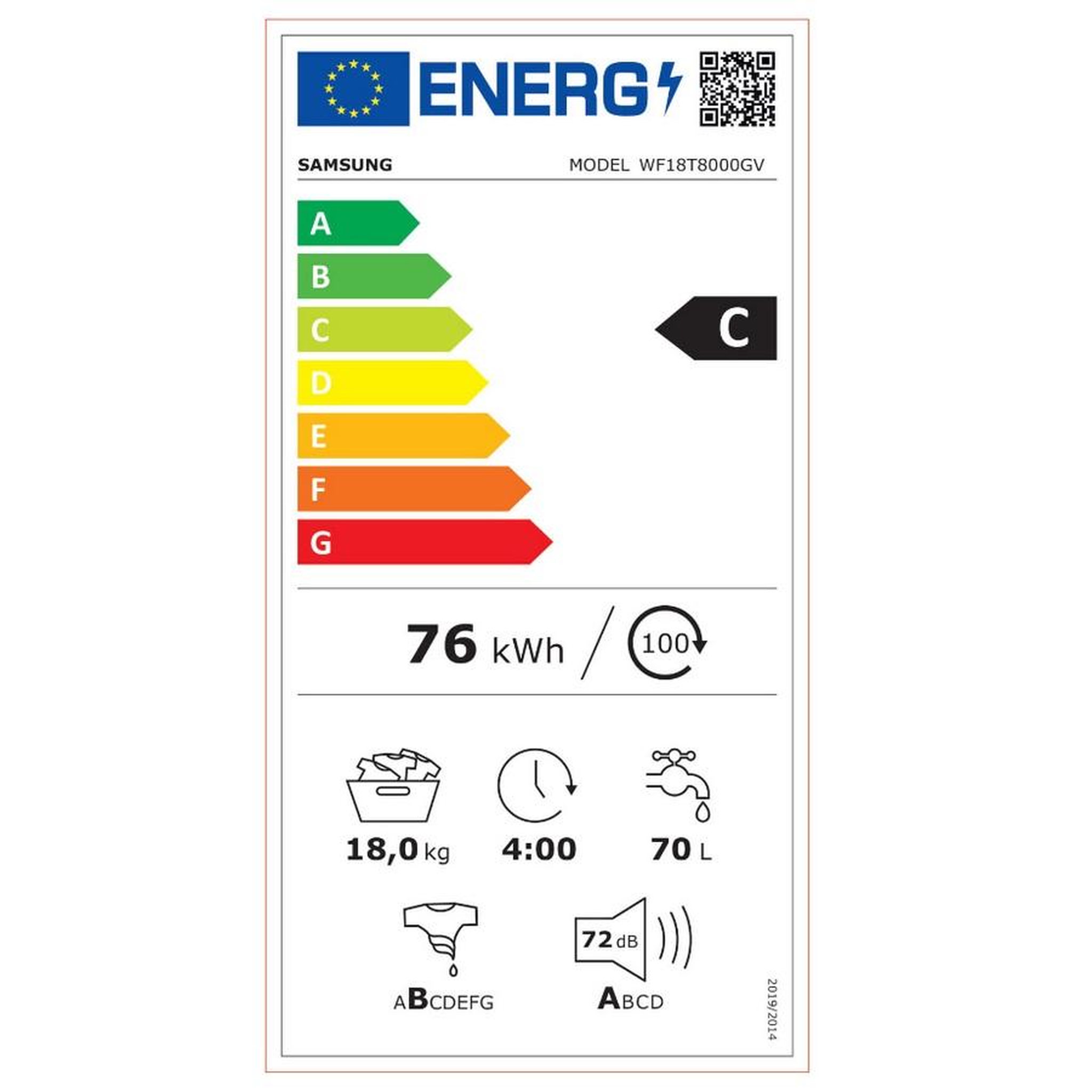Voir la diapositive 2 : Samsung Lave-linge frontal 70cm 18kg 1100 tours/min - wf18t8000gv