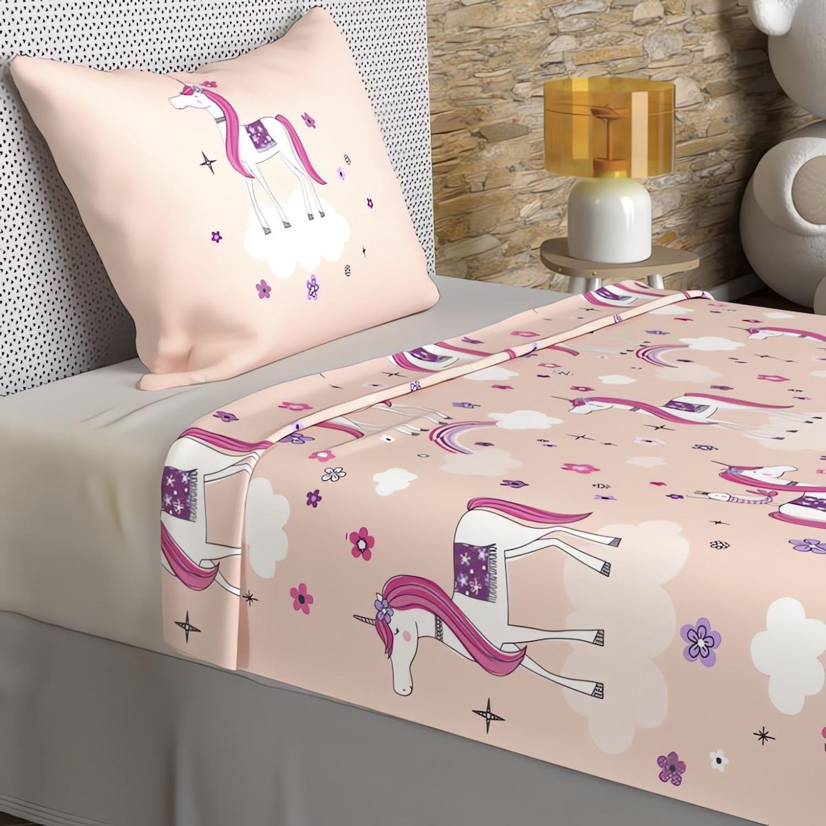 SOLEIL D'OCRE Parure de draps 180x290 cm LICORNES, 100% coton 57 fils/cm2, par Soleil d'Ocre