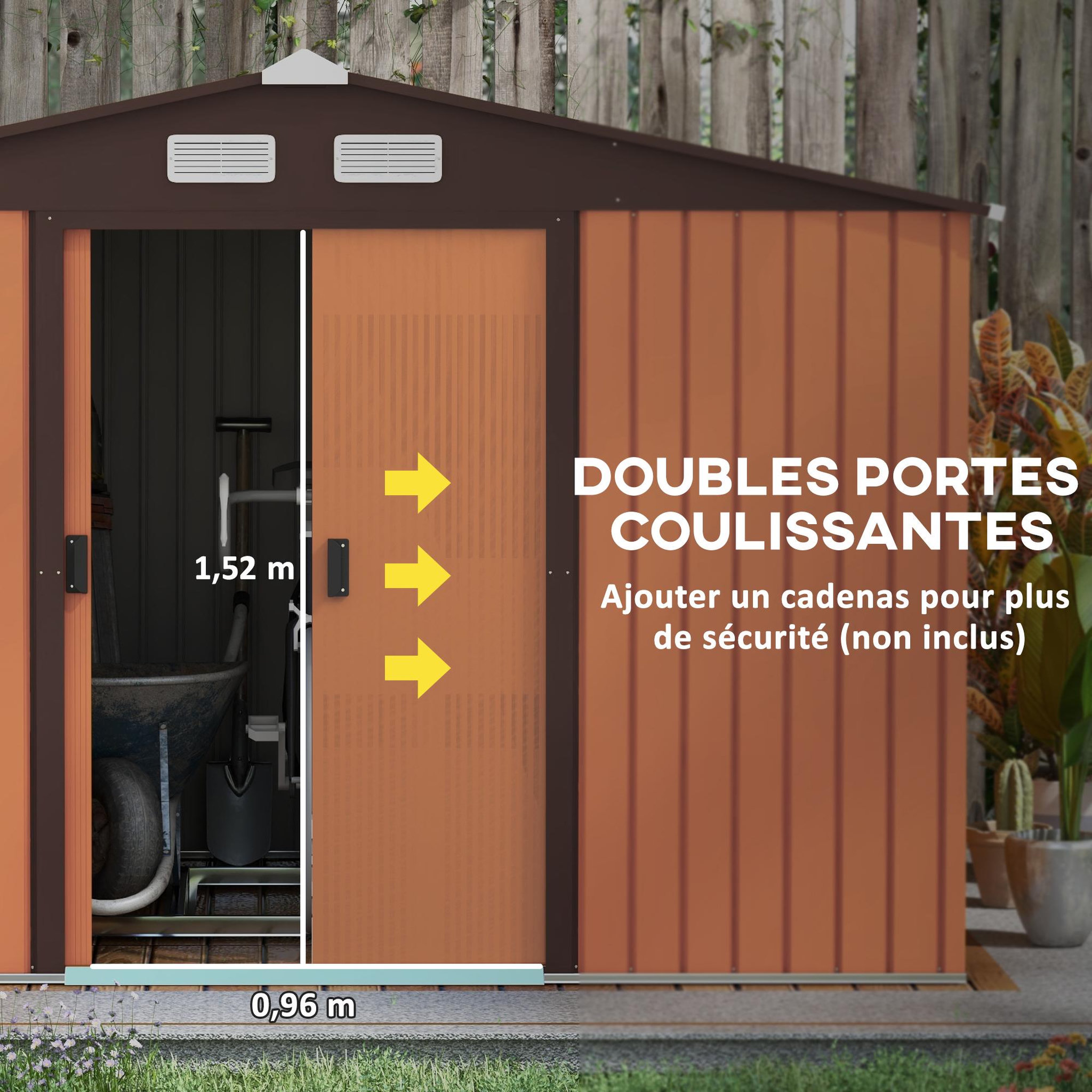 Voir la diapositive 5 : OUTSUNNY Abri de jardin - remise pour outils - cabanon double porte coulissante - fondation incluse - dim. 277L x 191l x 192H cm - tôle d'acier ondulée terracotta
