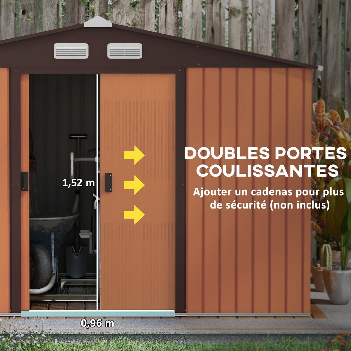 OUTSUNNY Abri de jardin - remise pour outils - cabanon double porte coulissante - fondation incluse - dim. 277L x 191l x 192H cm - tôle d'acier ondulée terracotta