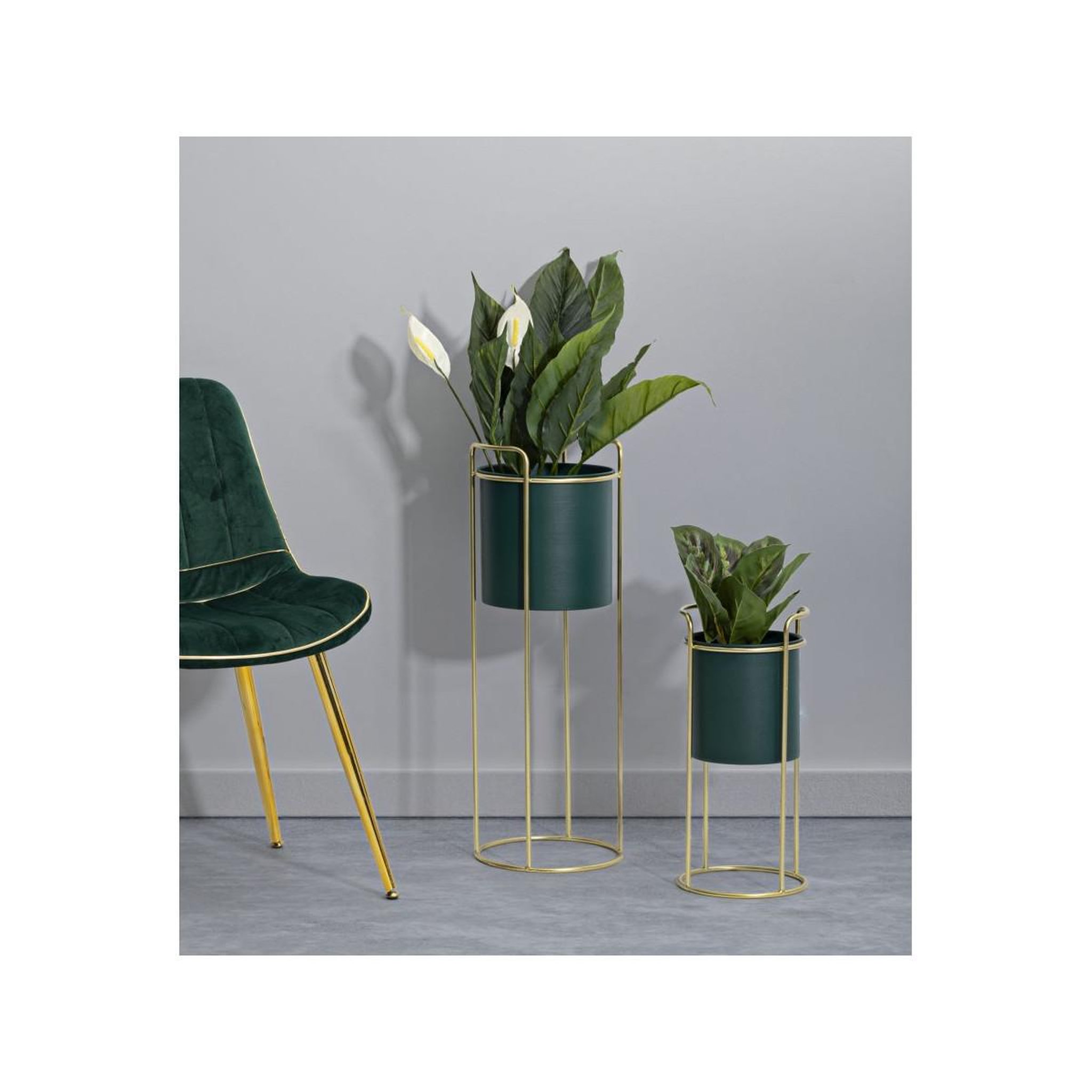 Voir la diapositive 6 : Paris Prix Lot de 2 cache-pots sur pied  grent slim  70cm vert & or
